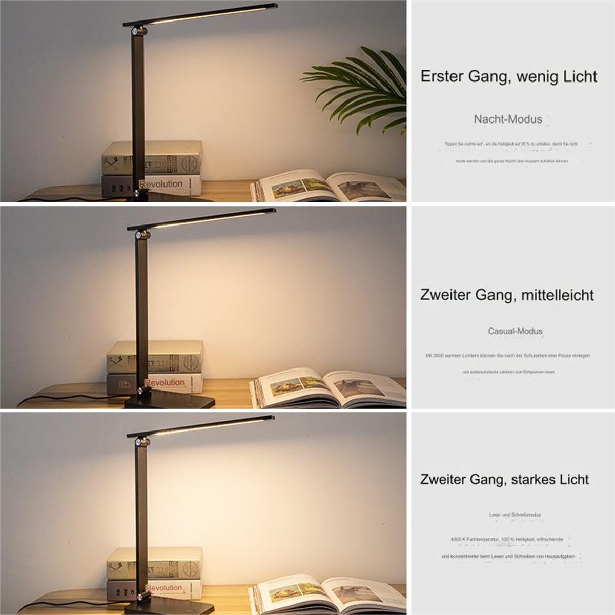 Eine schwarze Schreibtischlampe auf einem Schreibtisch mit Büchern. Das Bild zeigt drei verschiedene Lichteinstellungen.