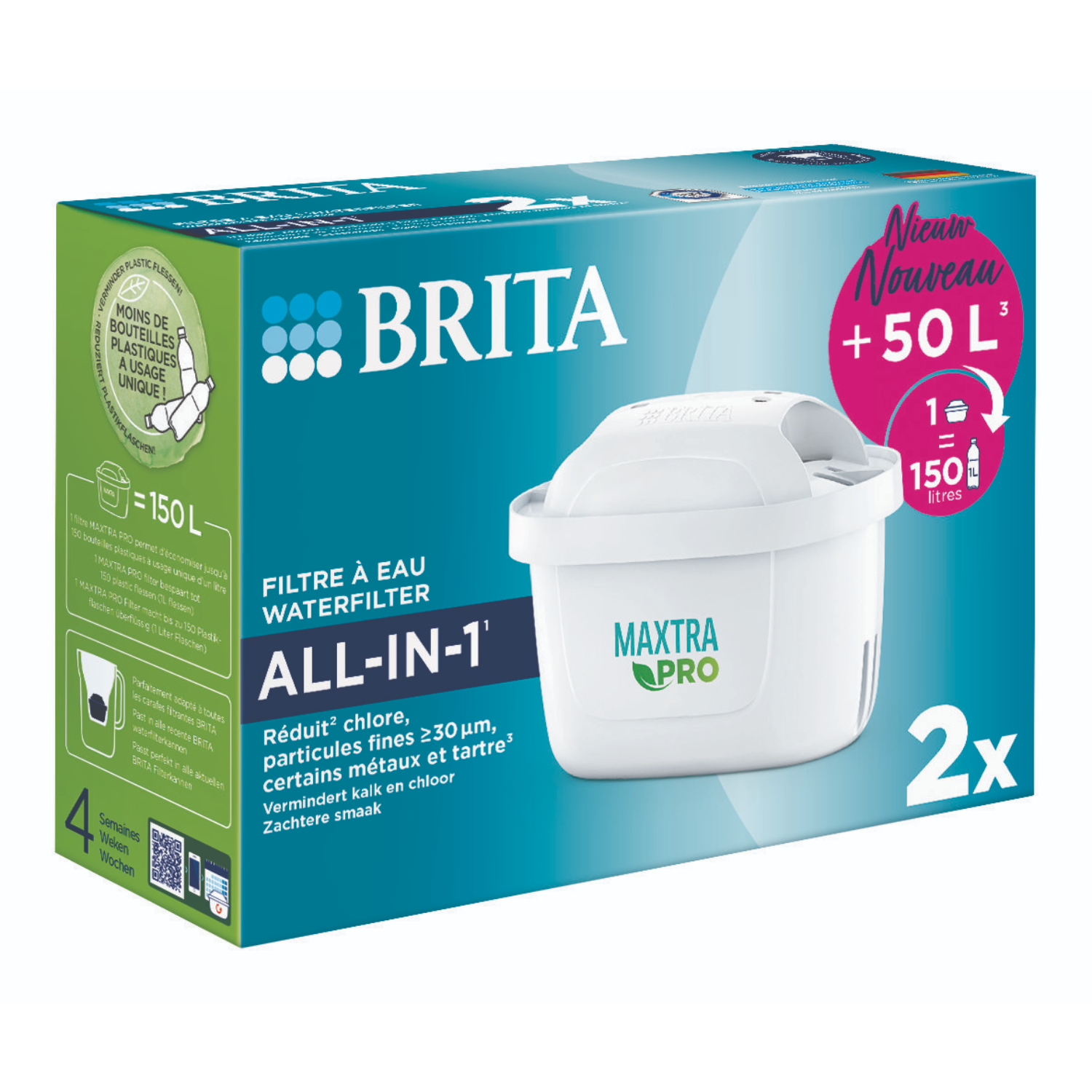 Pudełko filtra do wody Brita. Biały filtr i tekst w wielu językach.