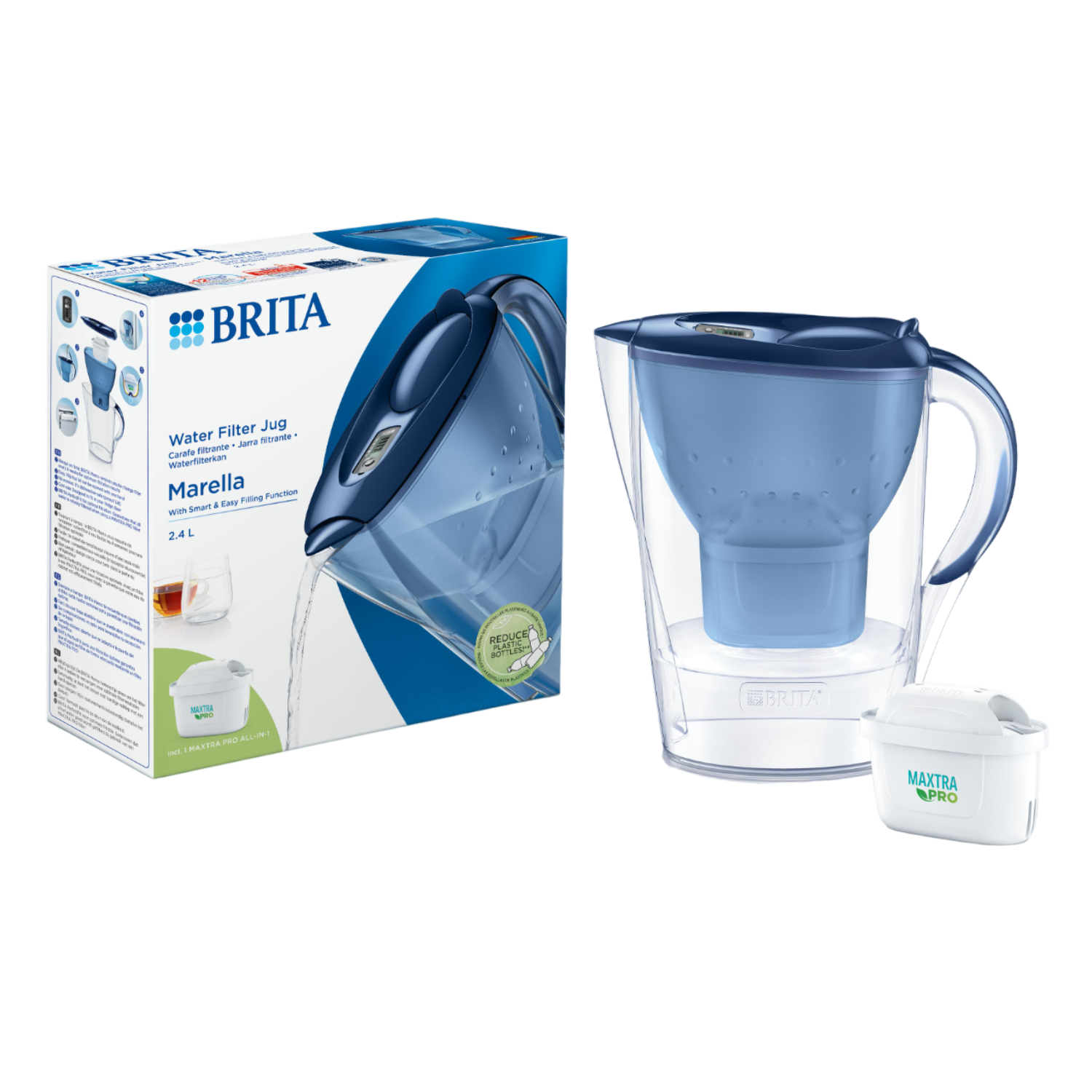 Dzbanek z filtrem do wody Brita z pudełkiem i filtrem. Pokazuje dzbanek i filtr.