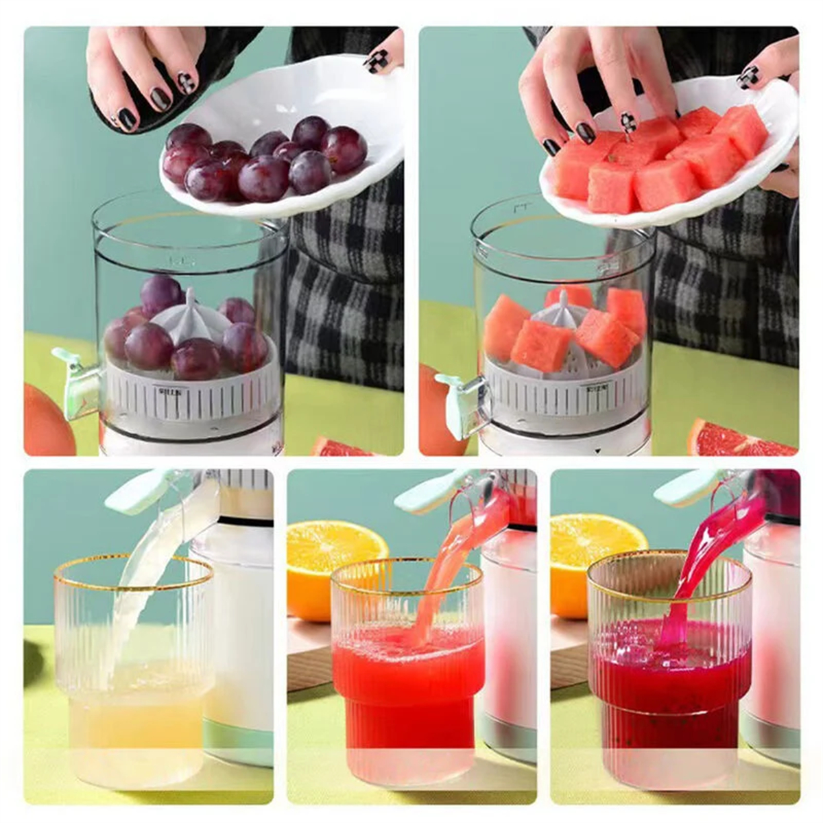 Saft wird aus Trauben und Wassermelone in Gläser extrahiert, mit einem Entsafter.