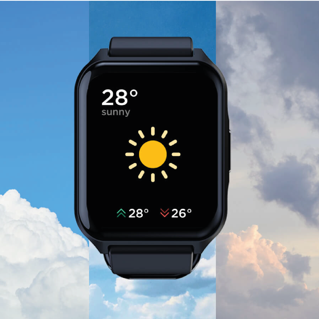 Smartwatch mostrando 28 grados soleado. Fondo de cielo con nubes en el fondo.