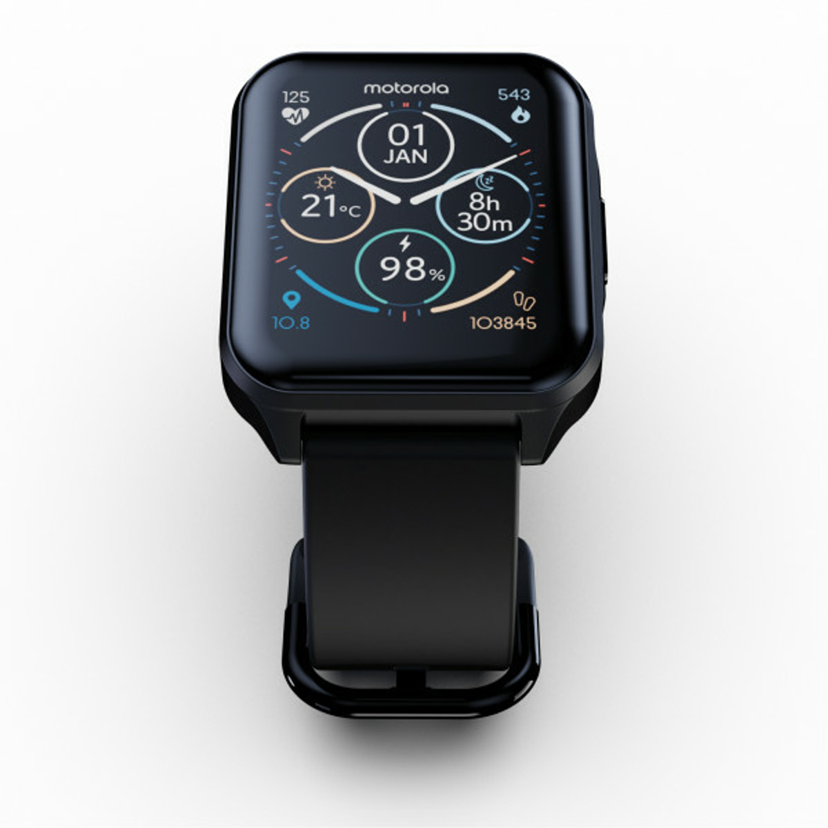 Un smartwatch Motorola negro que muestra la hora, fecha, ritmo cardíaco y porcentaje de batería.