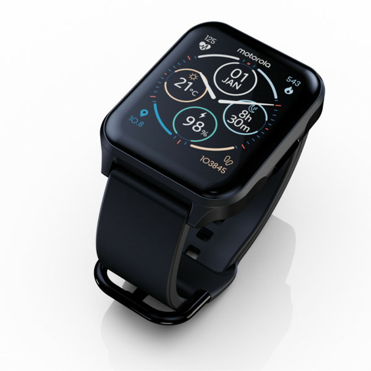 Smartwatch Motorola negra con pantalla que muestra hora, fecha y métricas de salud.