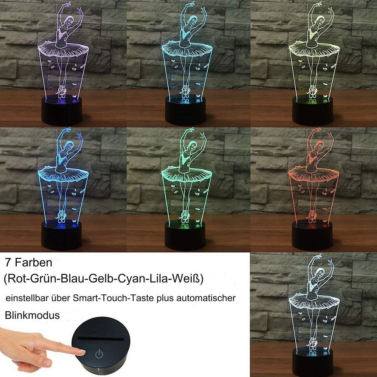 Sieben Ballerina-Lampen in verschiedenen Farben. Eine Hand berührt einen Knopf.