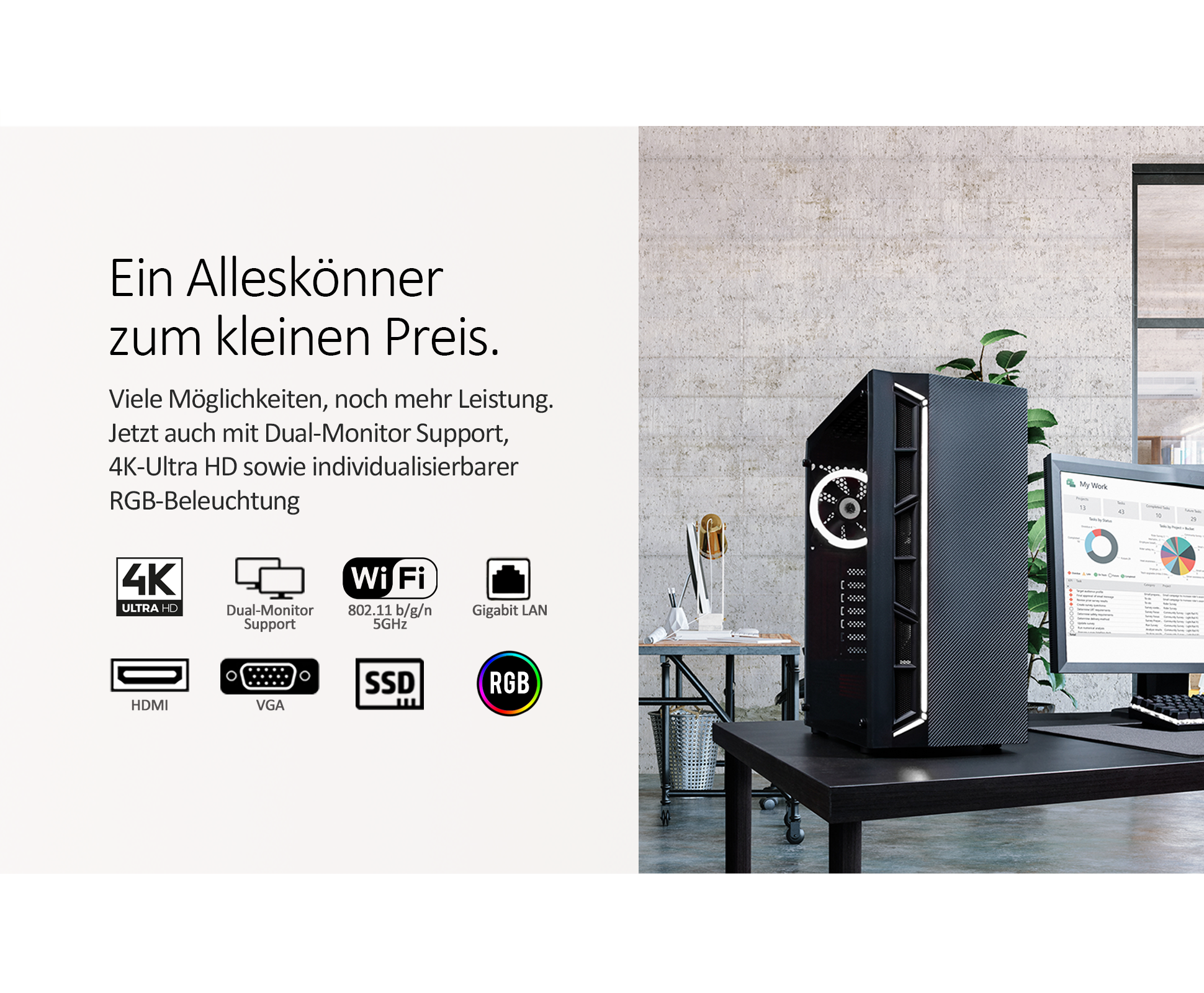 Czarny komputer stacjonarny z wieloma portami i ikonami. Białe tło.