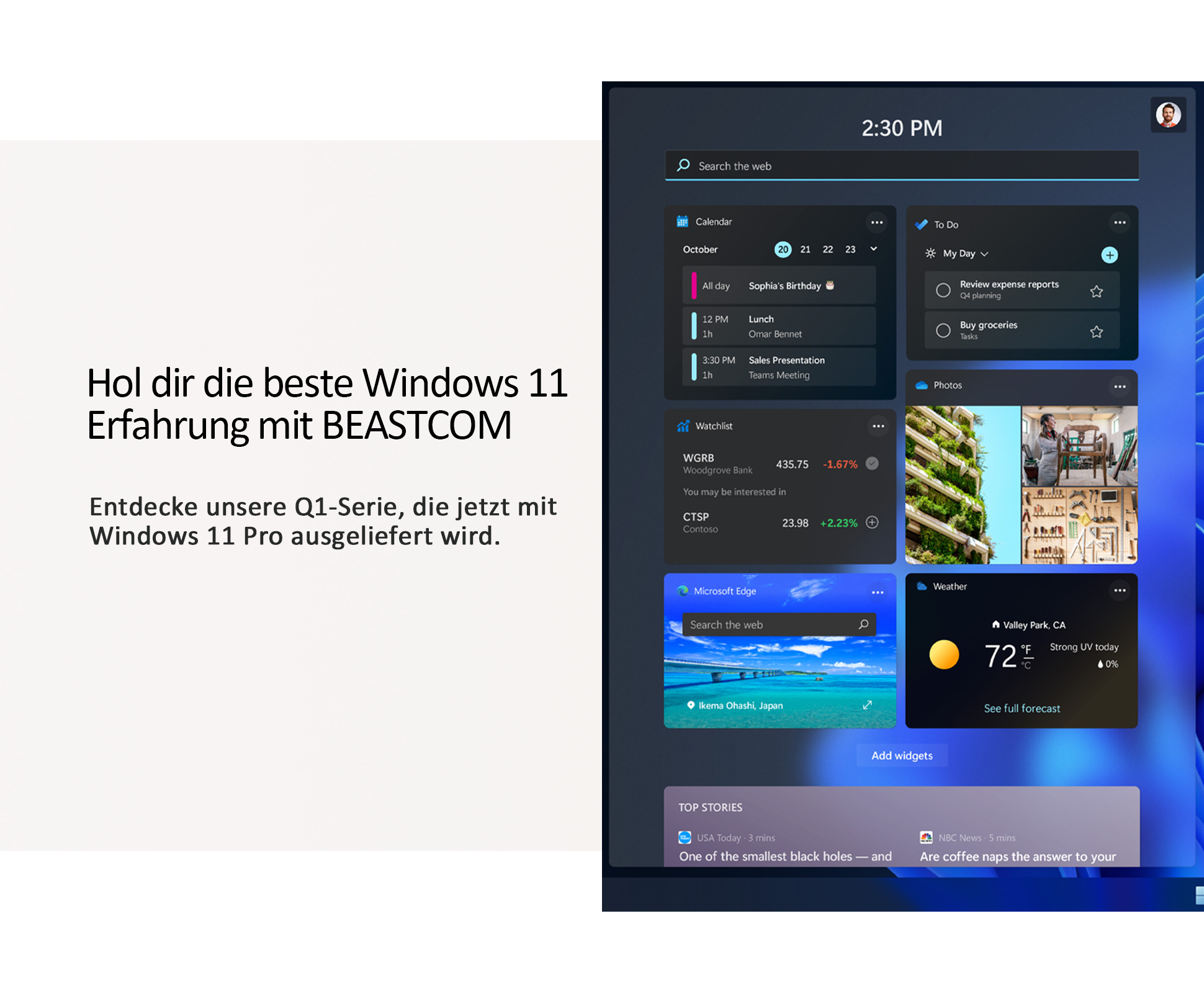 Interfejs Windows 11 z kalendarzem, listą zadań, zdjęciami i widgetami pogodowymi.