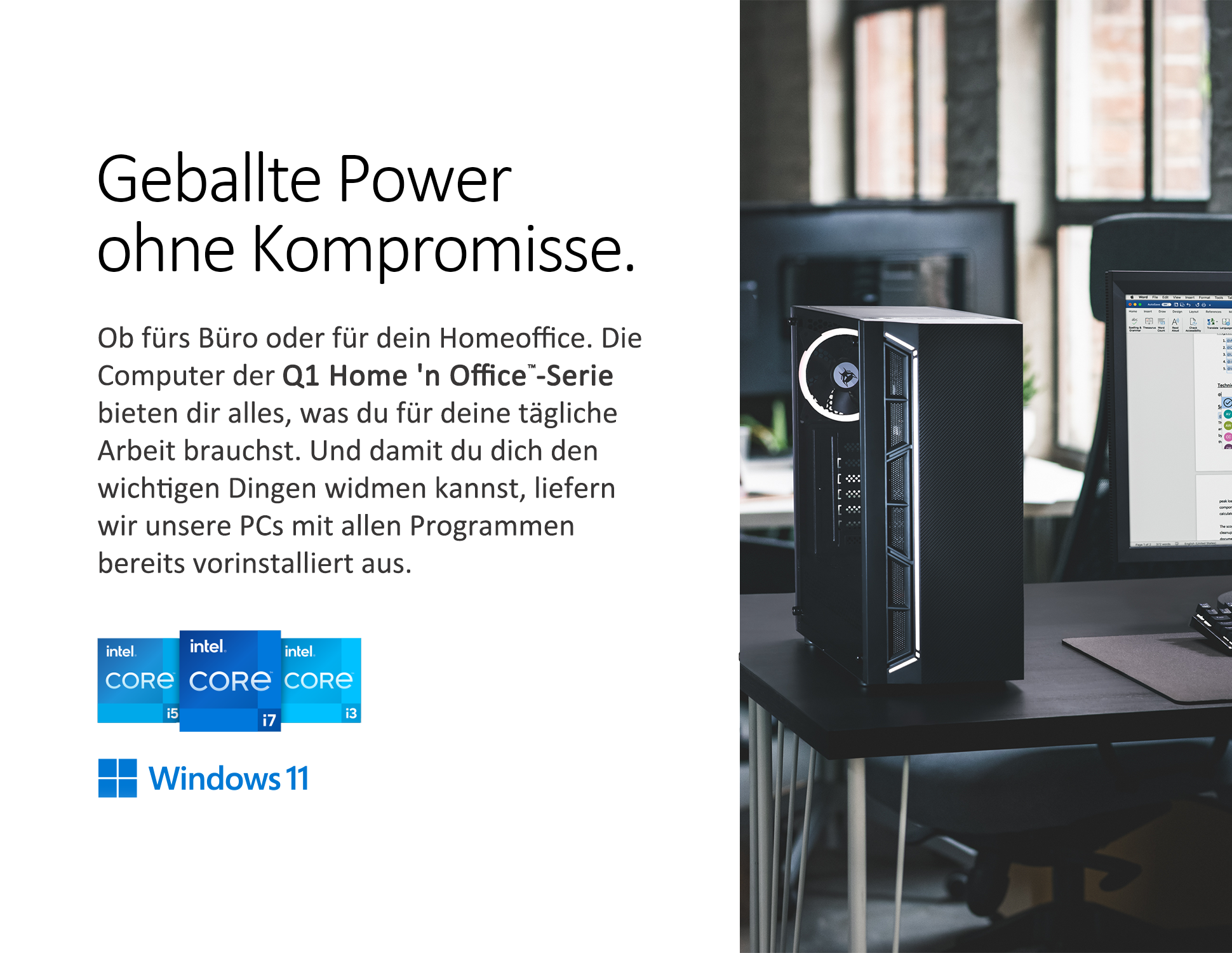 Czarna obudowa komputera na biurku obok monitora. Tekst po lewej: Intel Core i5, i7, i3, oraz logo Windows 11.