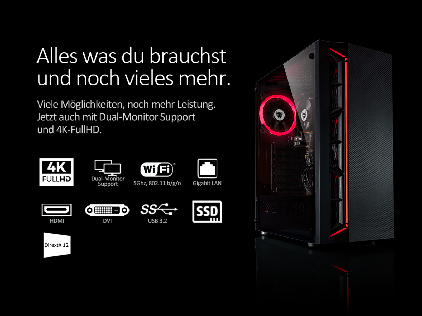 Obudowa komputera z czerwonymi światłami i komponentami. Ikony i tekst w otoczeniu.