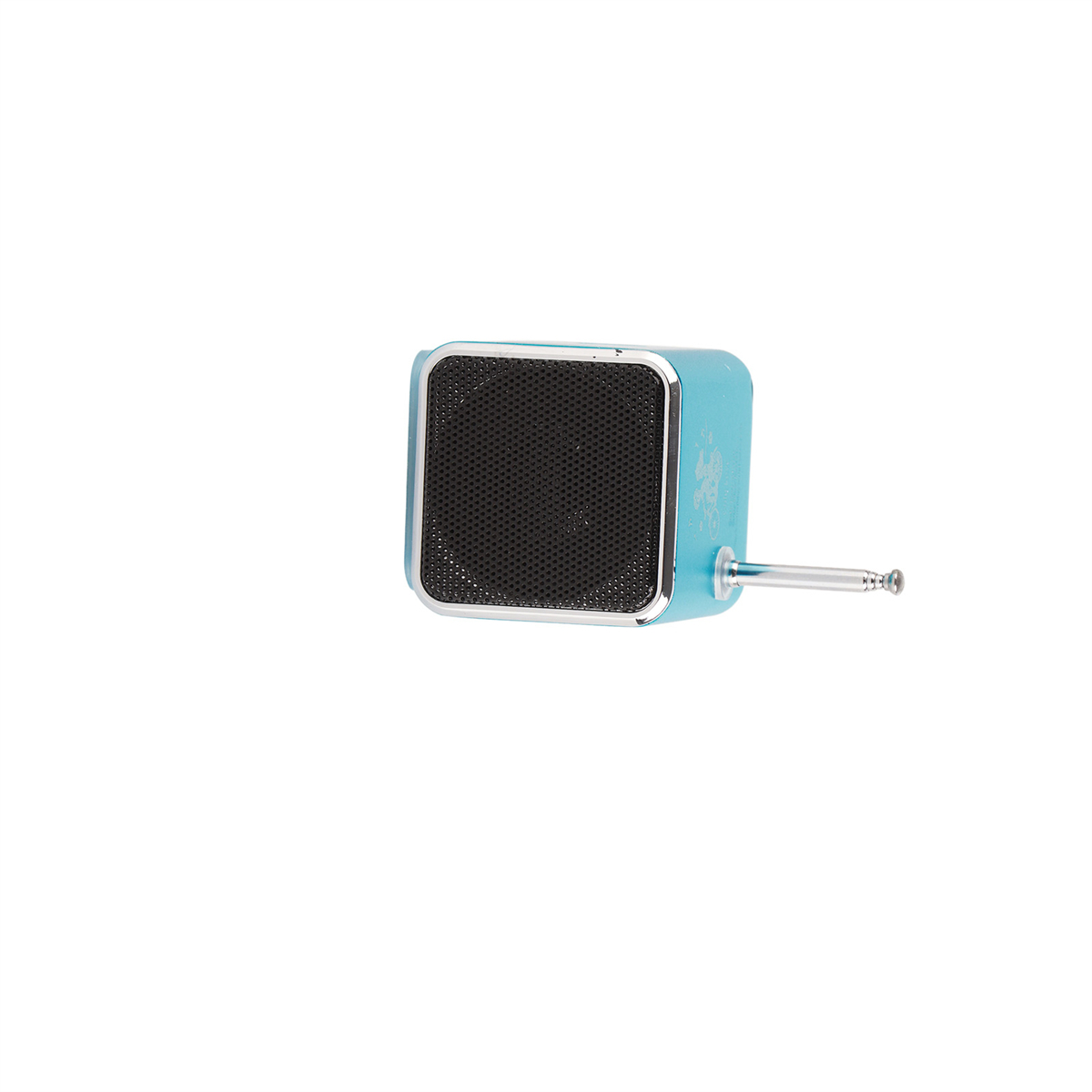 Ein kleiner, blauer quadratischer Lautsprecher mit schwarzem Gitter und silberner Antenne.