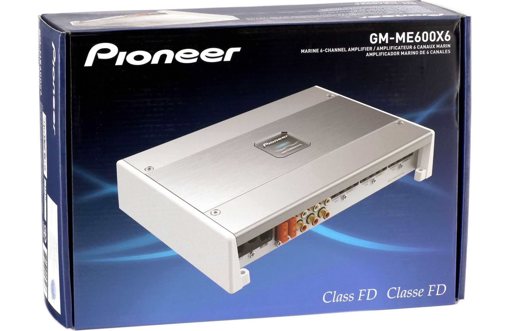 Pioneer-Auto-Verstärkerbox. Silberner Verstärker im Inneren der Box sichtbar.