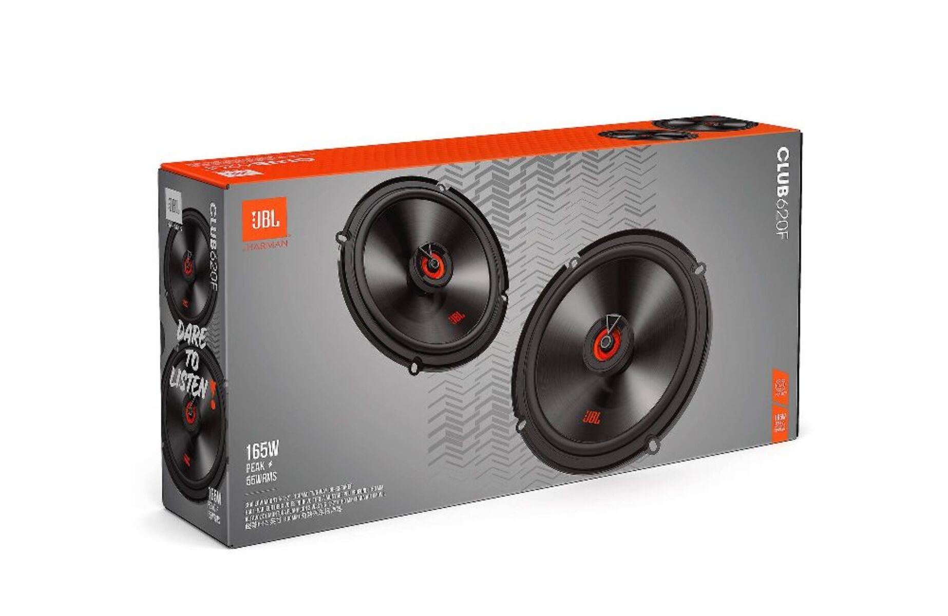 Scatola di altoparlanti per auto JBL. Sono mostrati due altoparlanti. Il testo indica 165W di potenza.