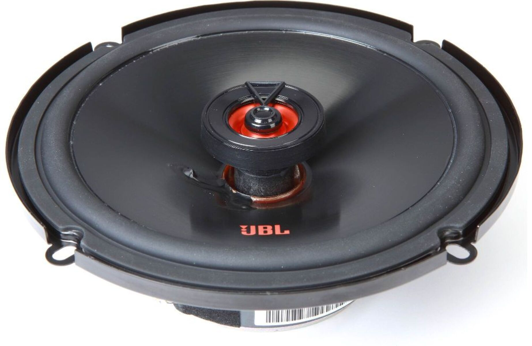 Altoparlante per auto con cono nero e logo JBL rosso, montato in un telaio nero.
