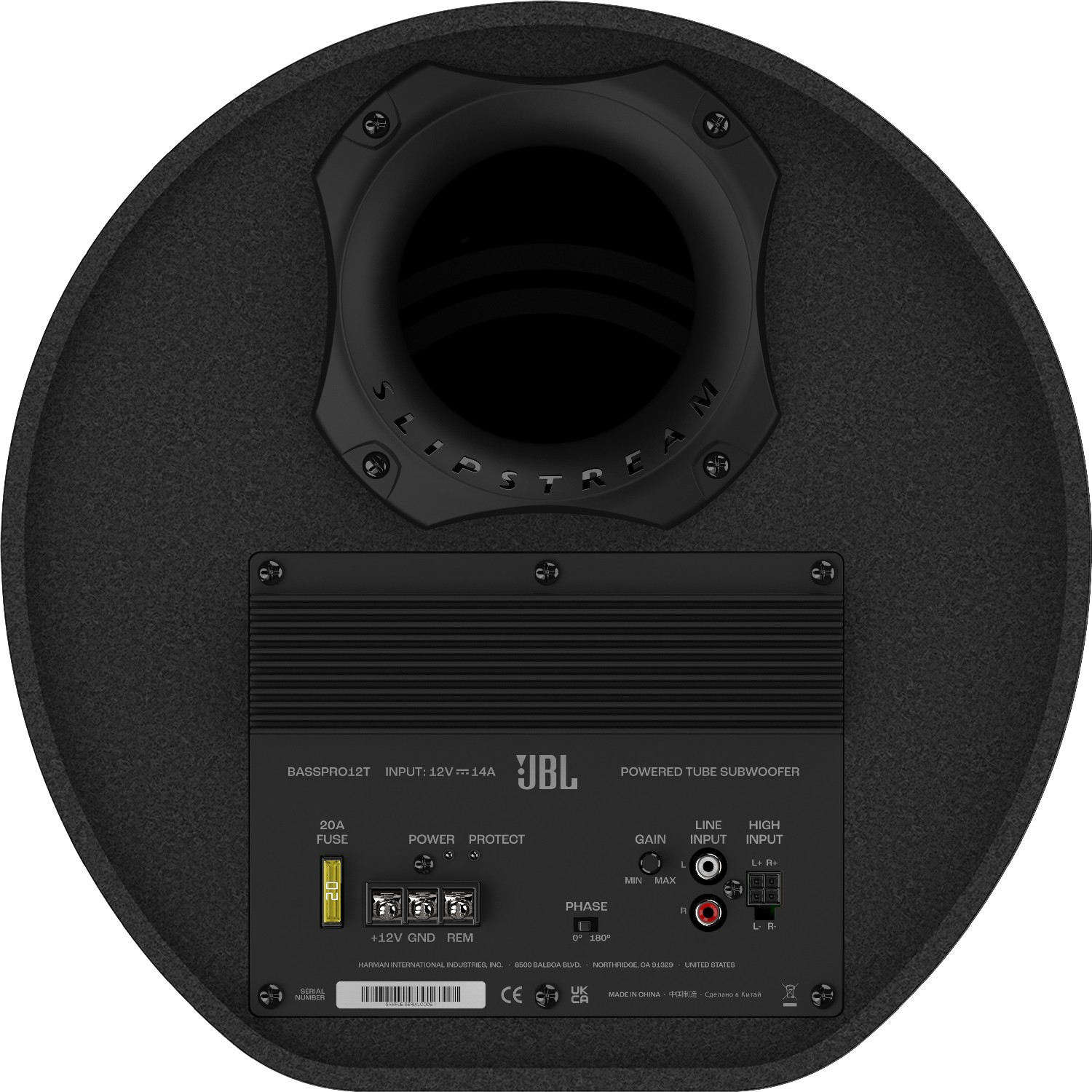 Schwarzer, angetriebener Röhren-Subwoofer mit JBL-Logo und Eingabefeld auf der Rückseite.