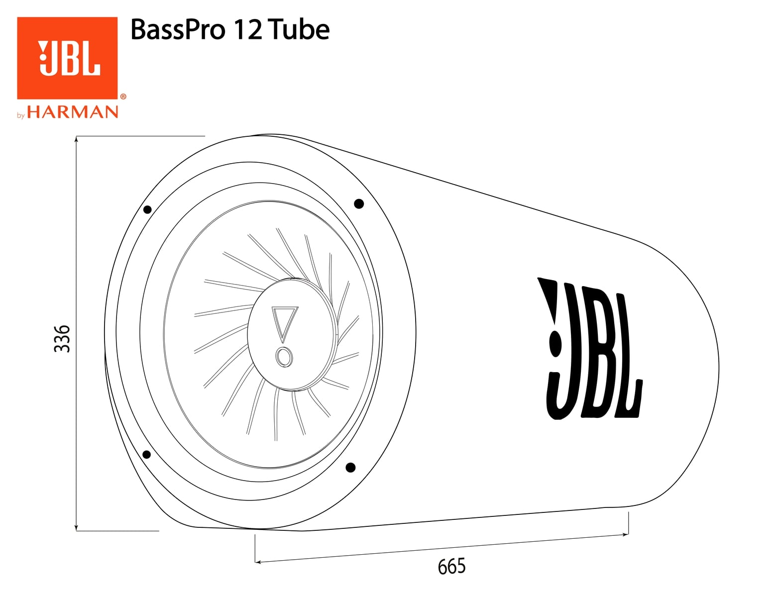Eine Schwarz-Weiß-Strichzeichnung eines JBL BassPro 12 Tube Subwoofers mit beschrifteten Abmessungen.