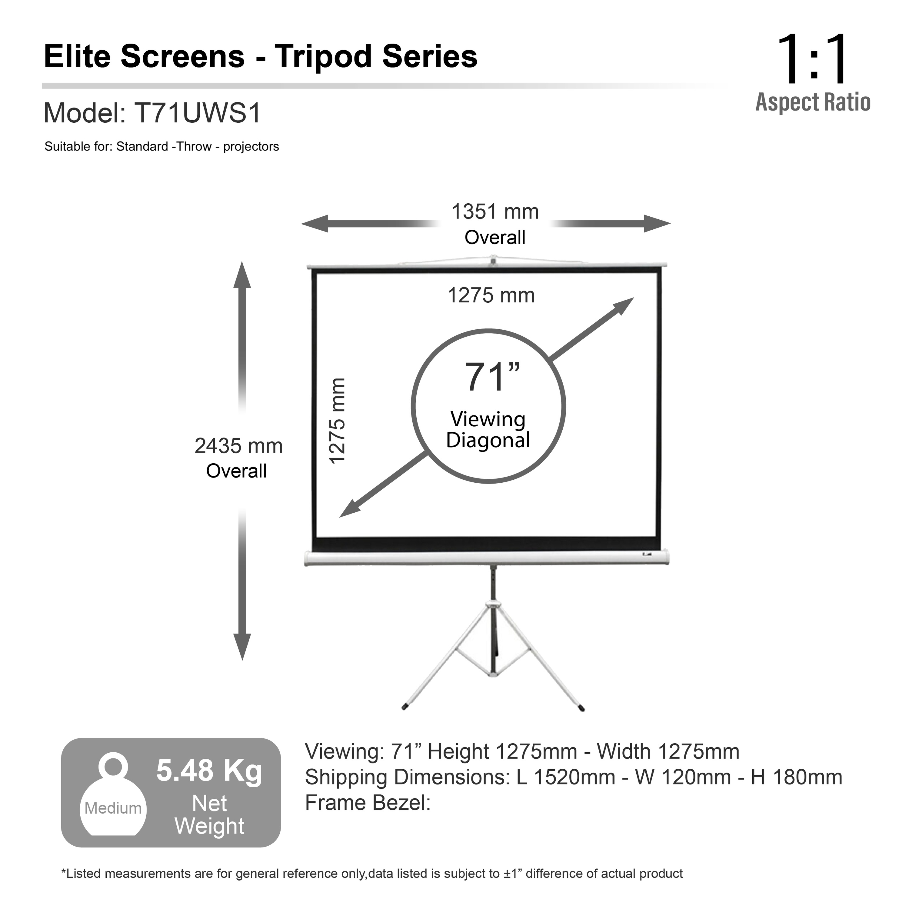 A white screen with a black frame, supported by a tripod, with measurements shown.