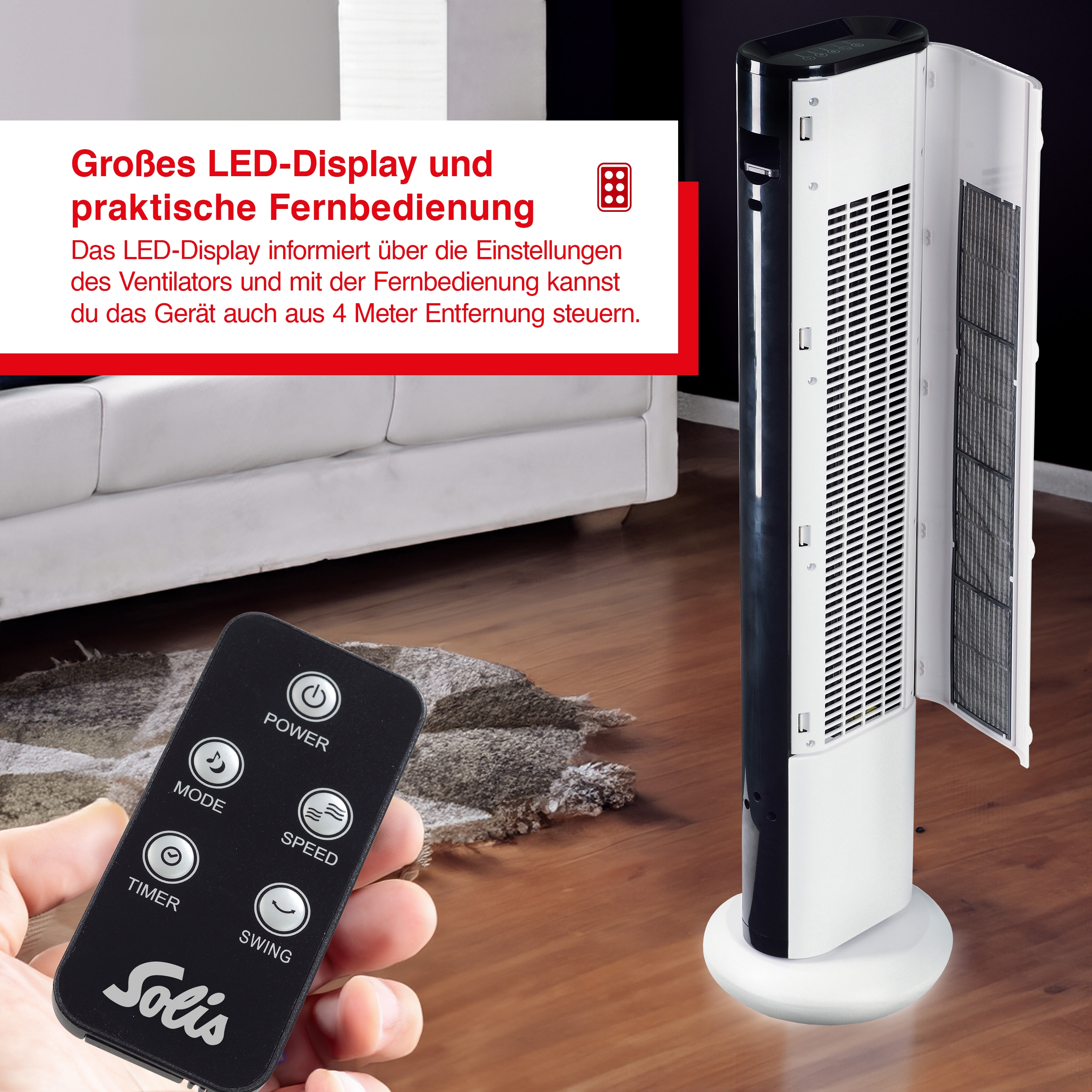 Ein schwarz-weißer Turmventilator mit Fernbedienung. Die Fernbedienung zeigt verschiedene Funktionstasten.