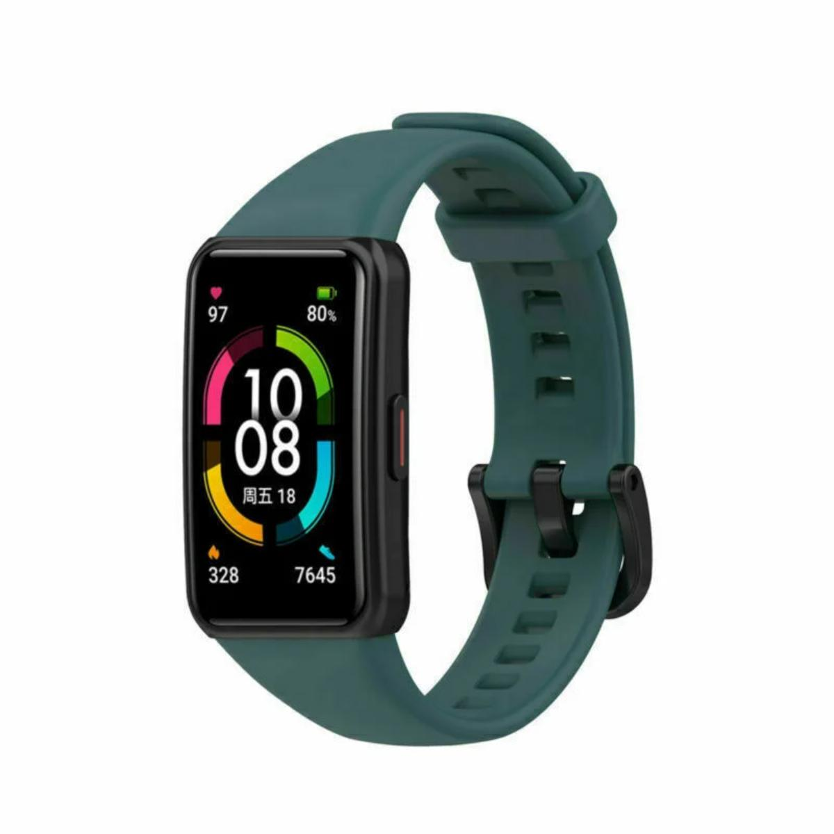 Smartwatch mit grünem Armband. Das Zifferblatt zeigt Uhrzeit, Datum und Akkustand.