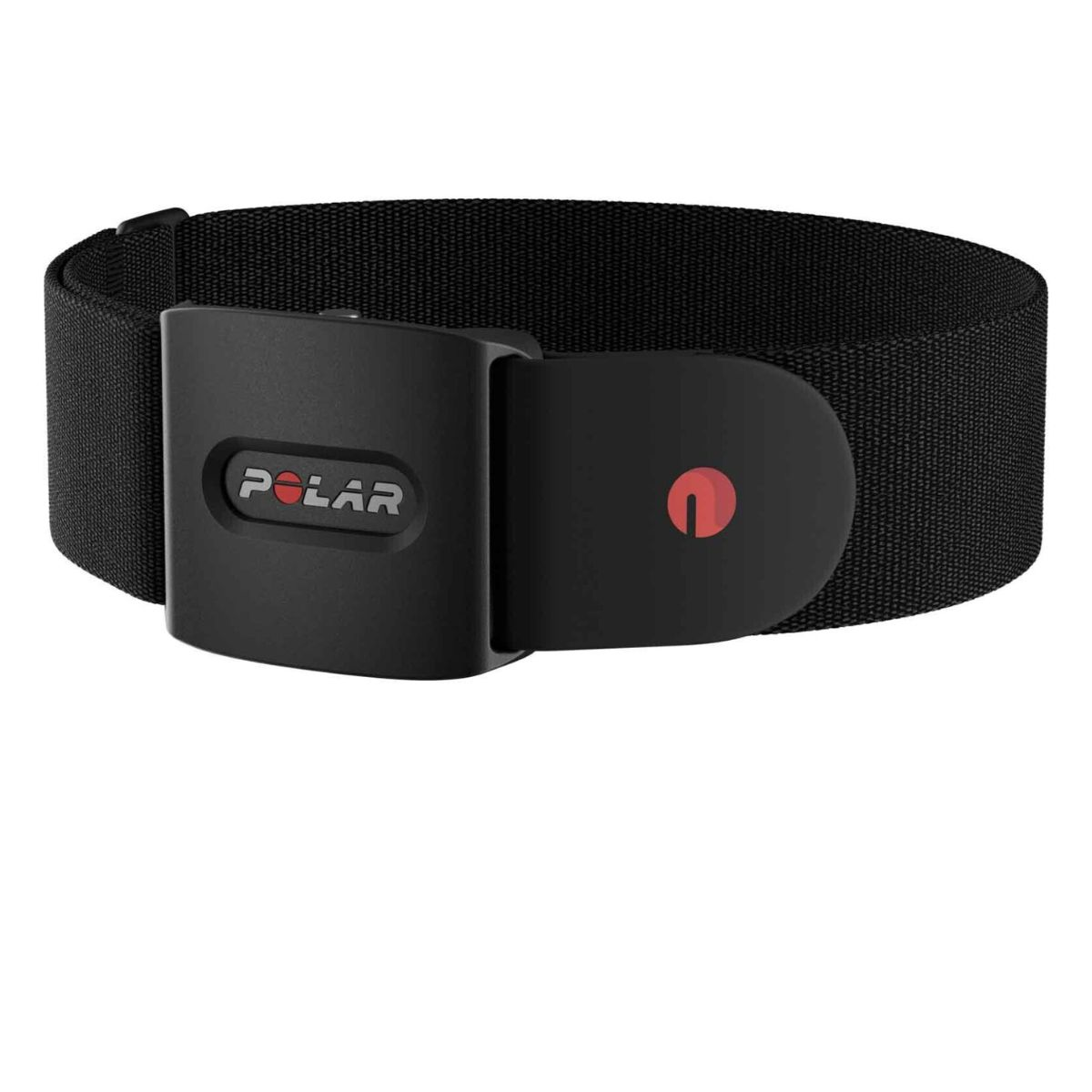 Ein schwarzer Polar Herzfrequenzmesser-Gurt. Er hat eine Schnalle und einen roten Sensor.