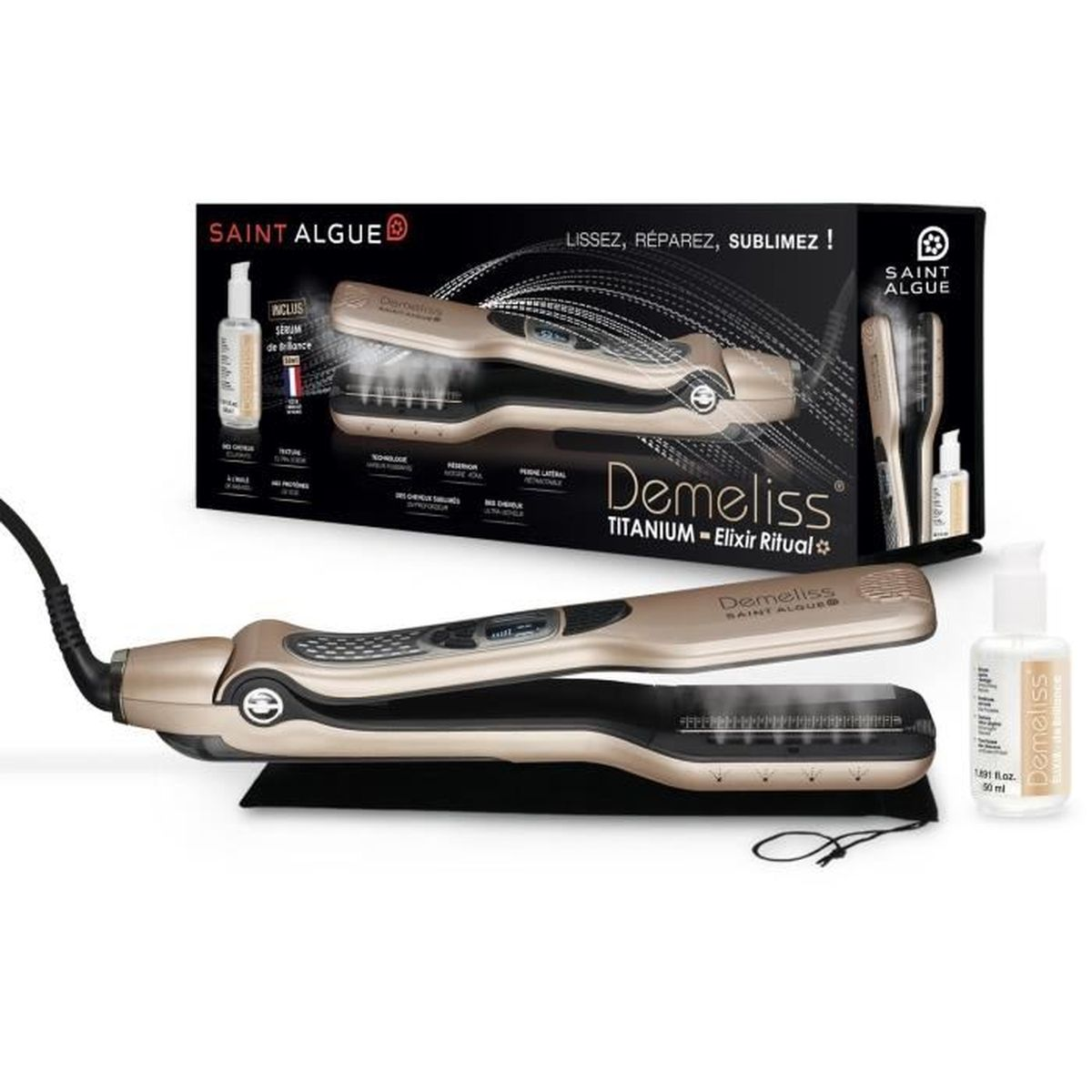 Ein Haarglätter mit einer Schachtel und einer Serumflasche. Der Glätter ist gold und schwarz.