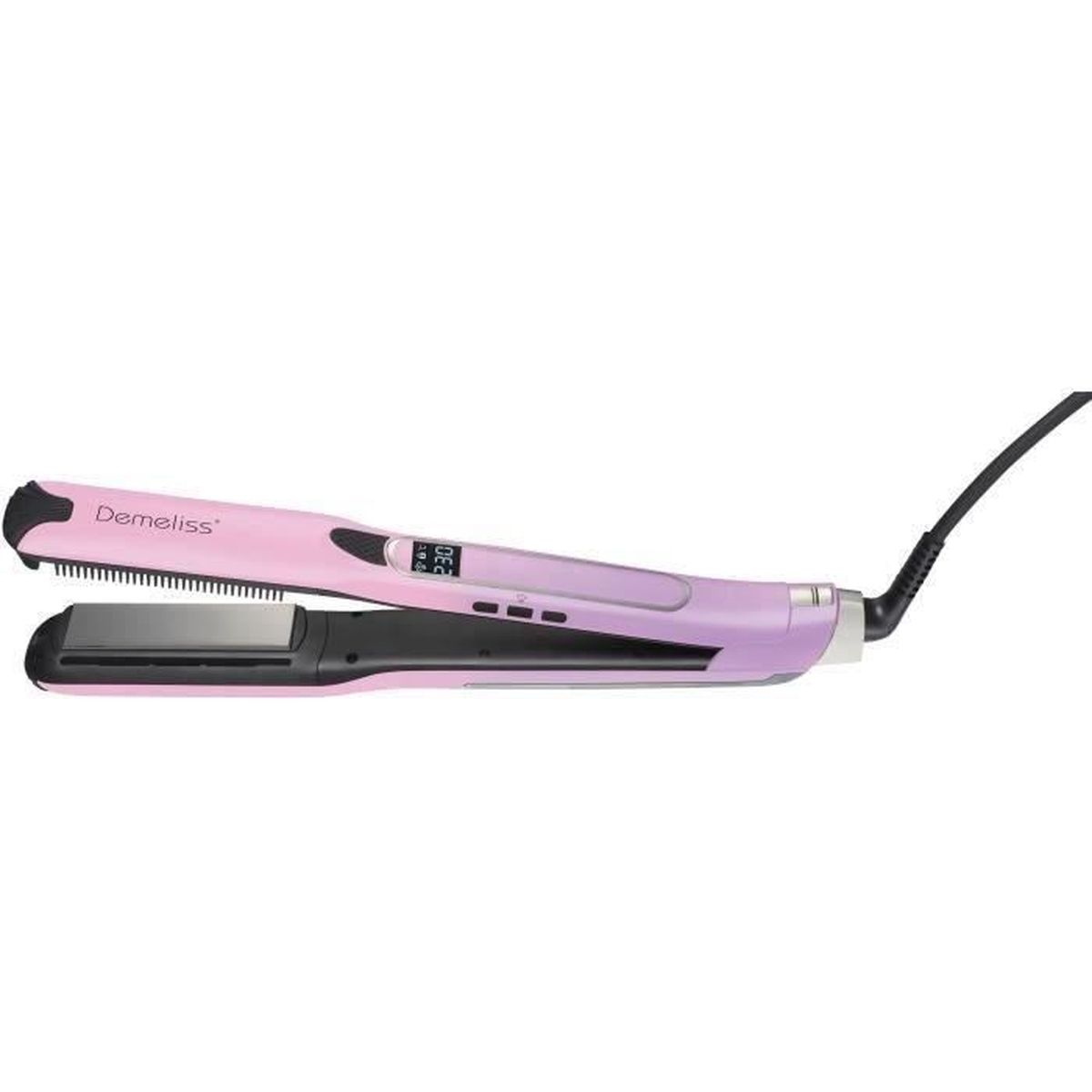 Ein rosa Demeliss-Haarglätter, schwarze Platten und ein schwarzes Netzkabel.