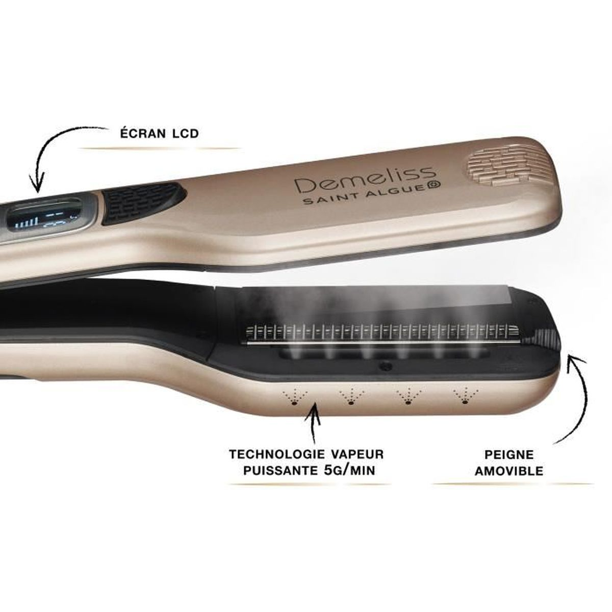 Goldener Haarglätter mit LCD-Bildschirm und Dampftechnologie.