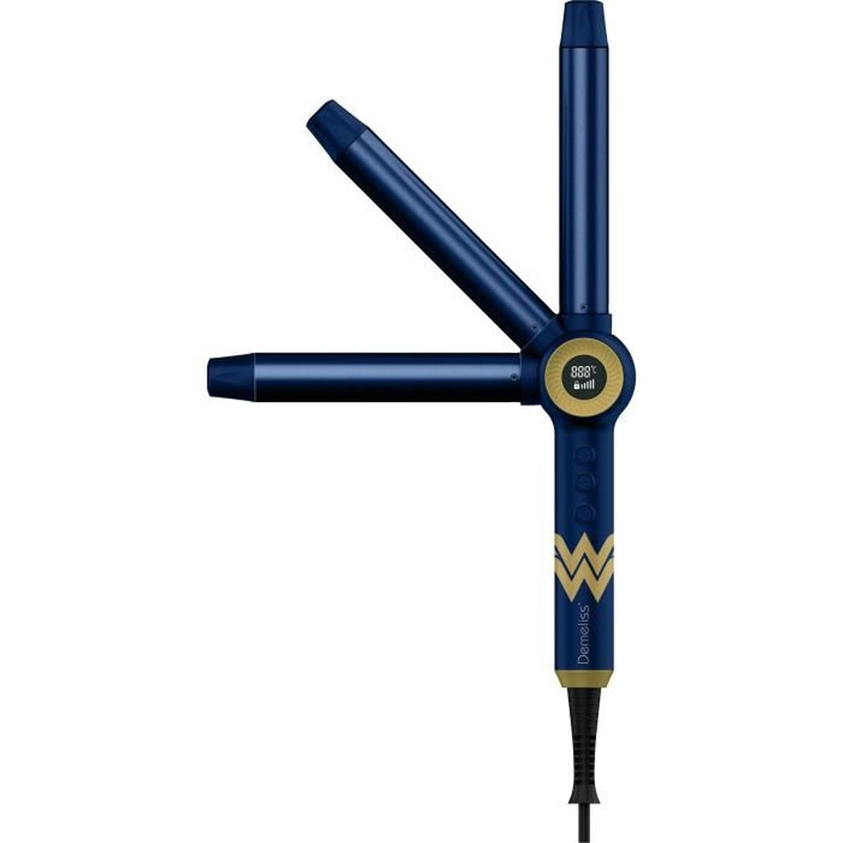 Ein blau-schwarzes Lockenstab mit Digitalanzeige, auf weißem Hintergrund.