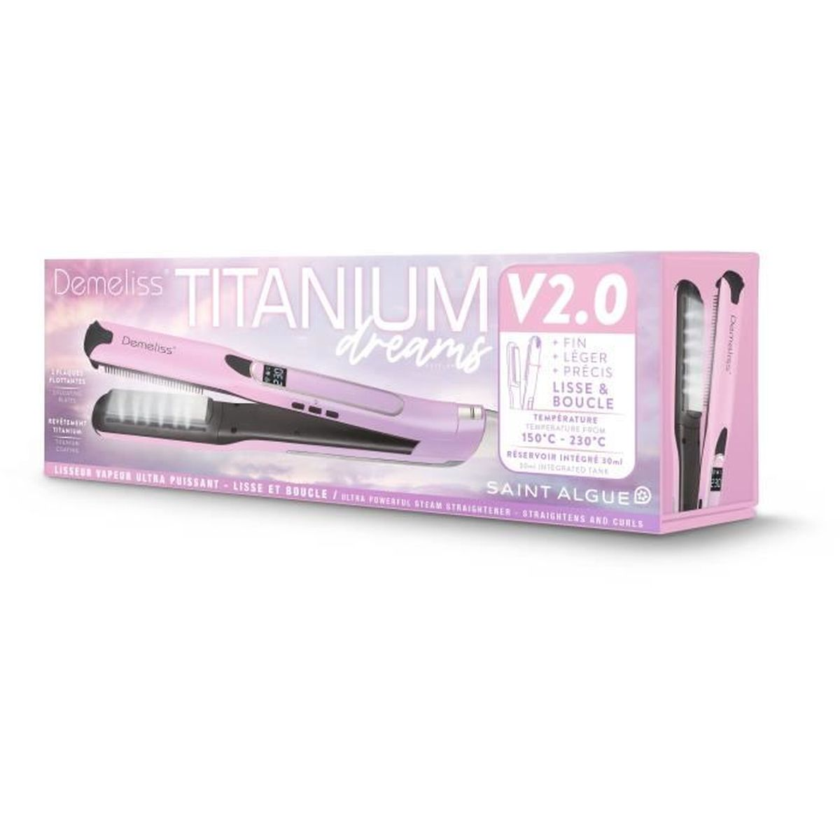 Eine rosa-weiße Schachtel mit einem Haarglätter. Text: 'Titanium Dreams' und zeigt einen rosa Glätter.