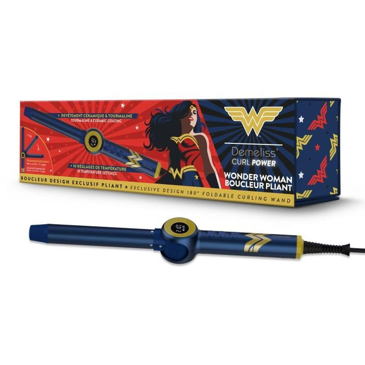 Ein Lockenstab und seine Schachtel. Die Schachtel hat ein Wonder Woman-Thema. Lockenstab ist blau und gold.