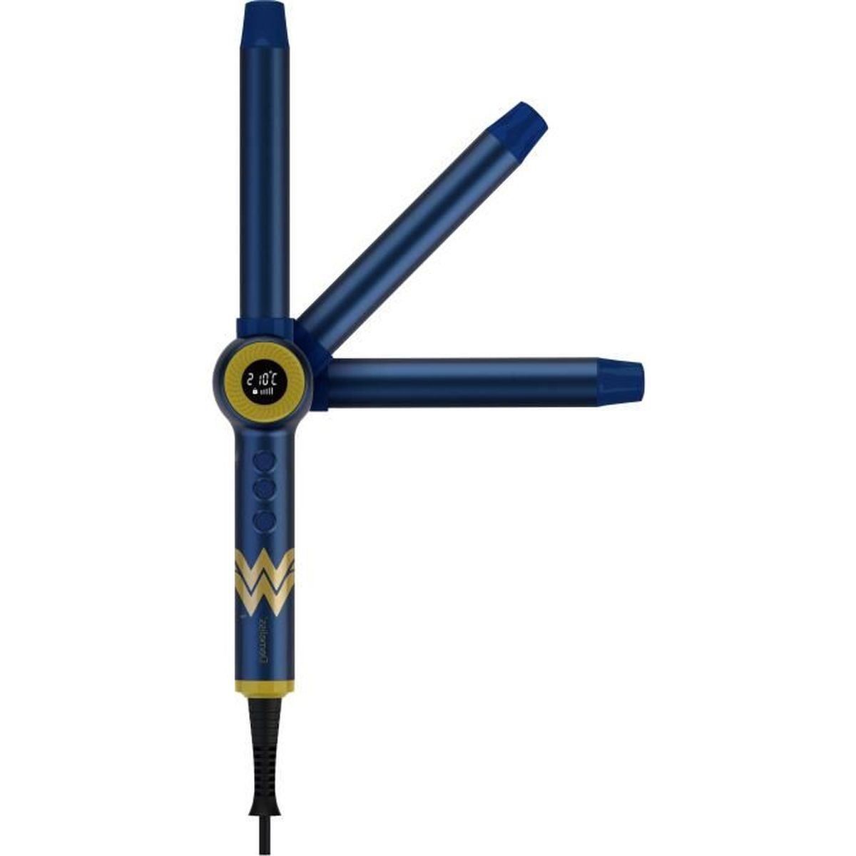 Ein blauer und goldener Lockenstab ist geöffnet. Der Griff hat ein Display und Tasten. Es ist auf weißem Hintergrund.
