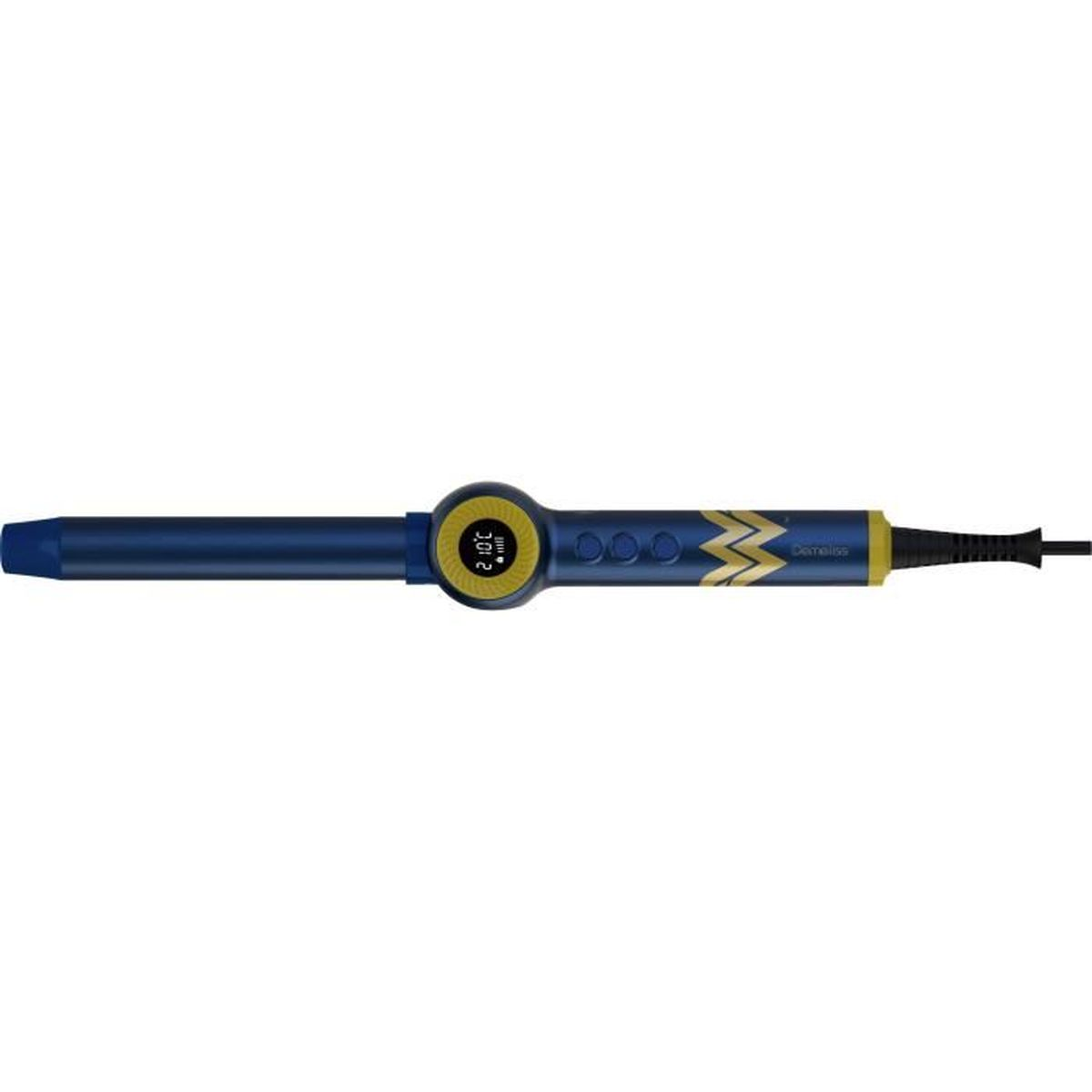 Blau-goldener Lockenstab mit Digitalanzeige. Schwarzes Kabel ist angebracht.
