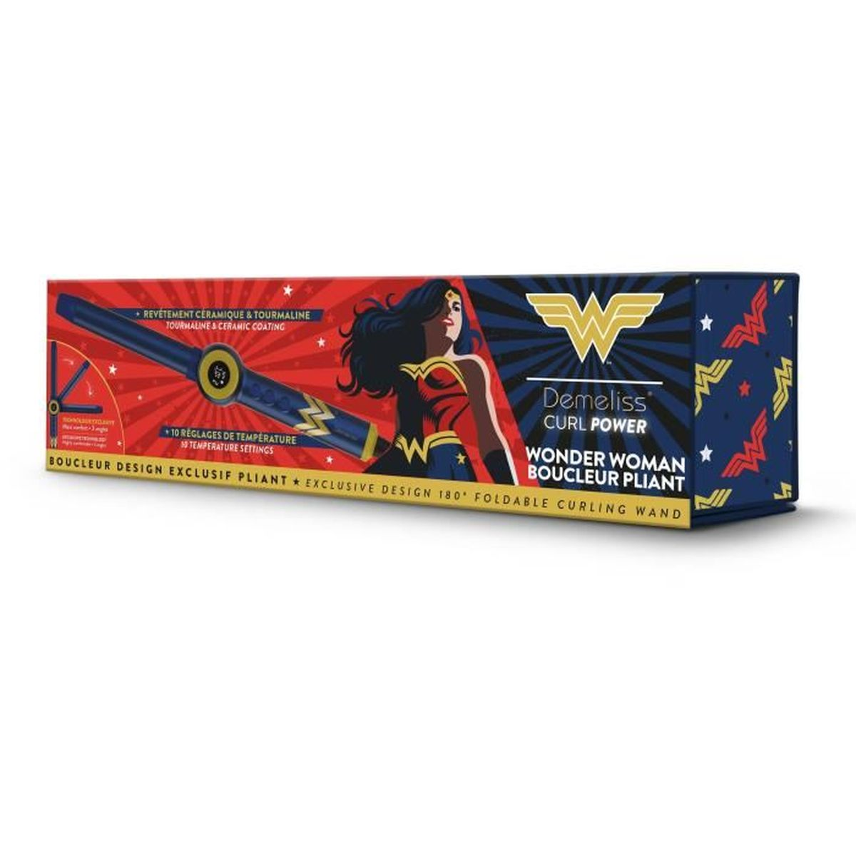 Wonder Woman Lockenstab-Box, mit Charakter und Produktdetails.