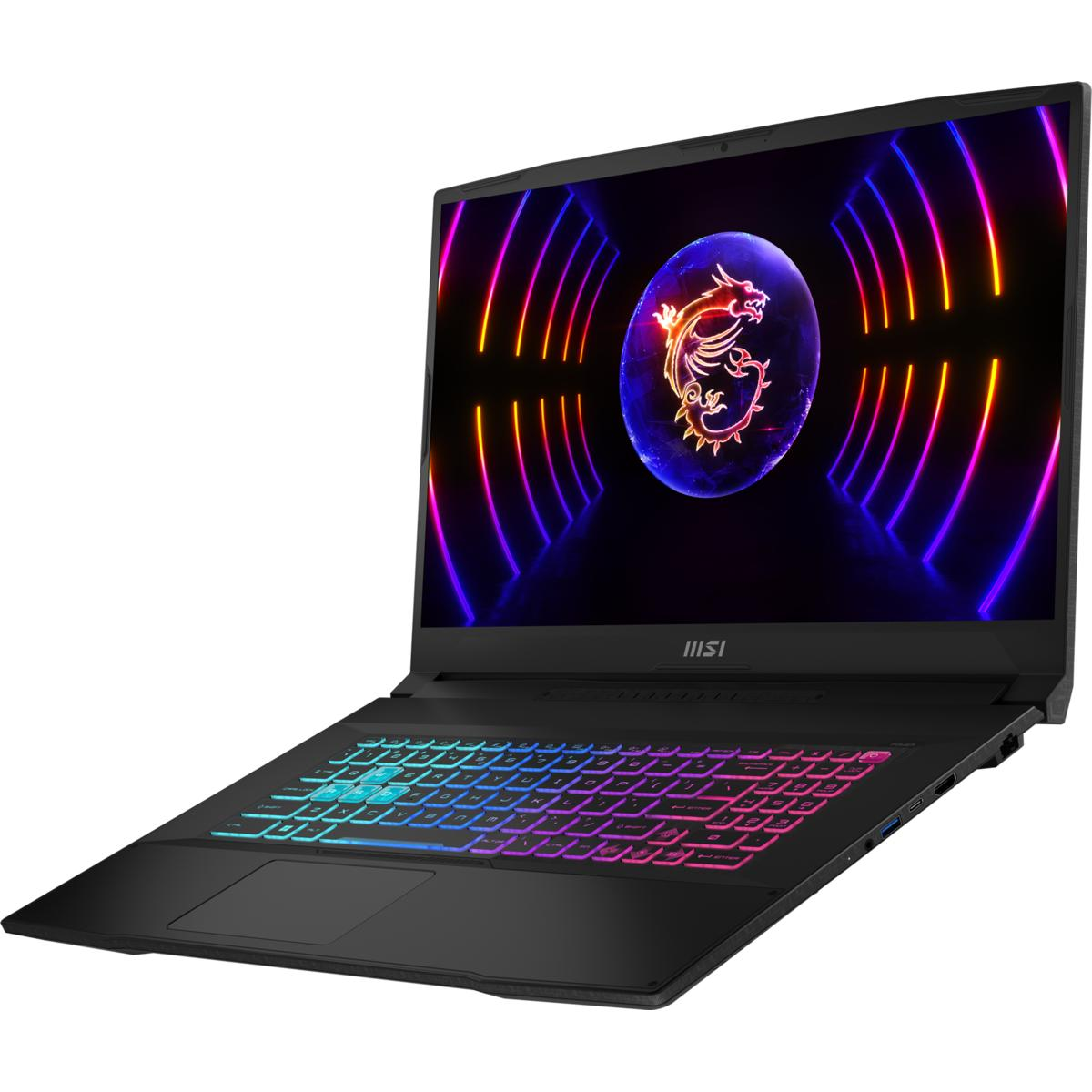 Schwarzer MSI-Laptop mit bunter Tastatur und Bildschirm.