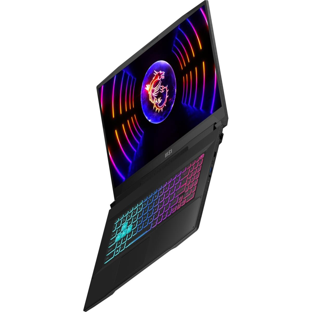 Schwarzer Laptop mit farbig beleuchteter Tastatur und Drachenlogo auf weißer Oberfläche.
