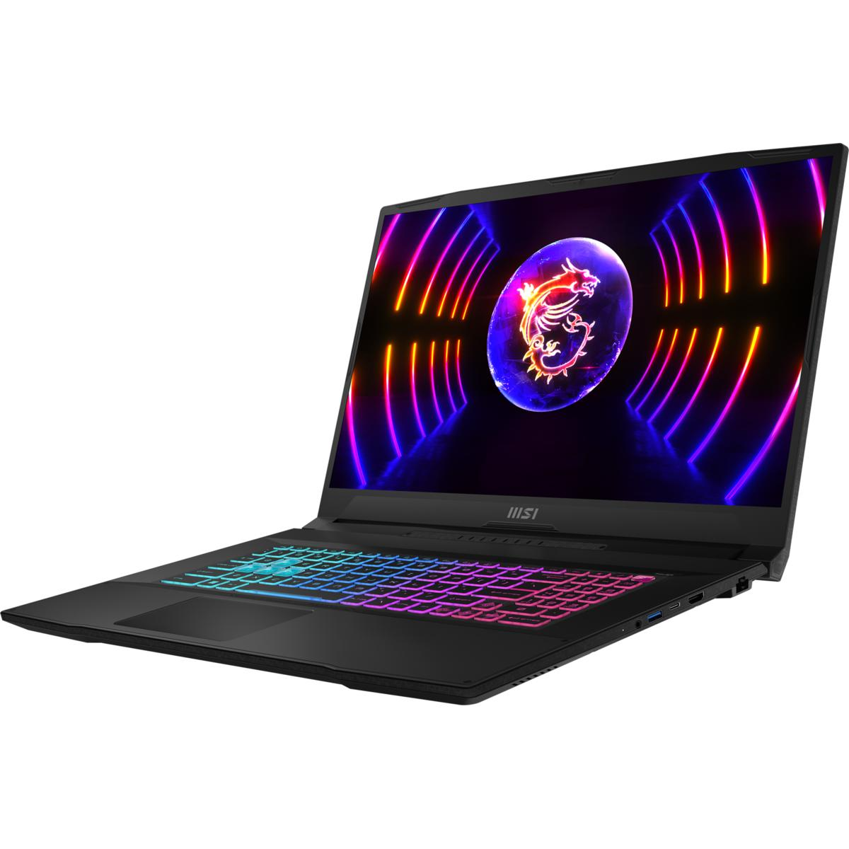 Ein schwarzer Laptop mit bunter Tastatur und Drachen-Grafik auf dem Bildschirm.