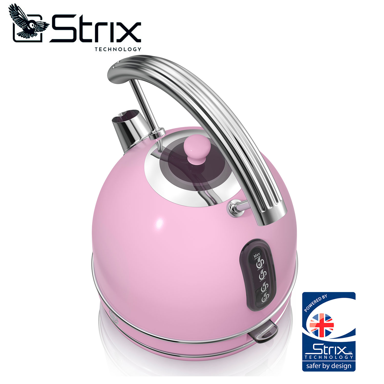 Hervidor Strix rosa con asa plateada, un logotipo y una pegatina.