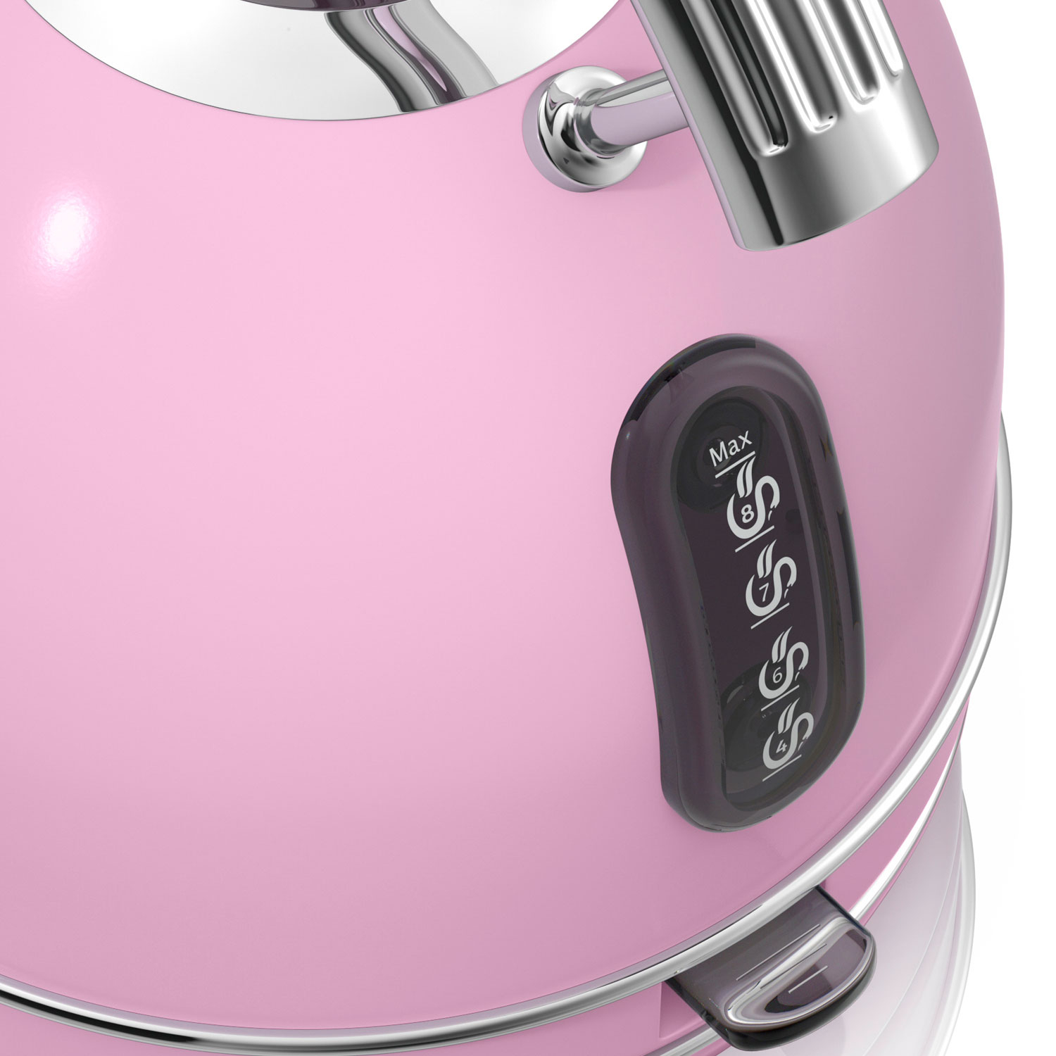 Primer plano de una tetera eléctrica rosa con detalles cromados. El panel de control es gris oscuro con un indicador de Max.