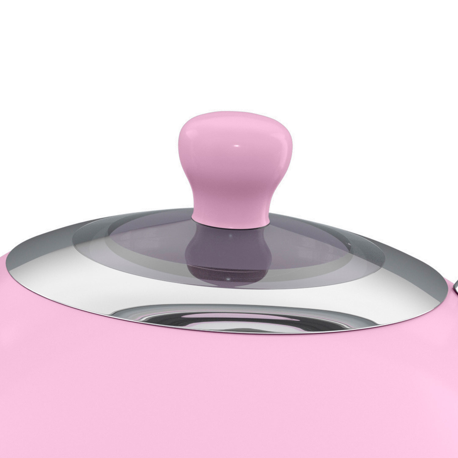 Primer plano de una tapa de tetera rosa con perilla rosa y borde plateado.