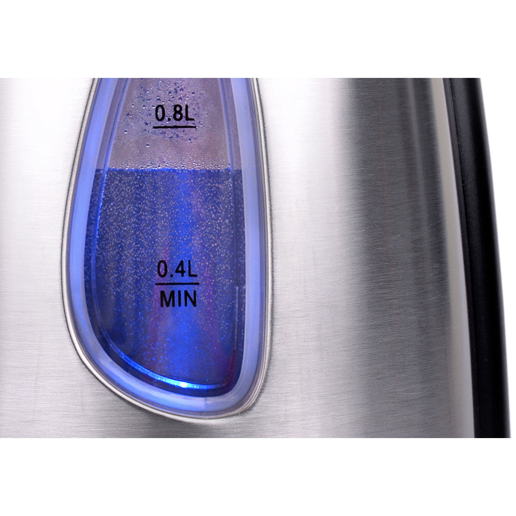 Una tetera eléctrica de acero inoxidable con indicador de nivel de agua e iluminación azul.