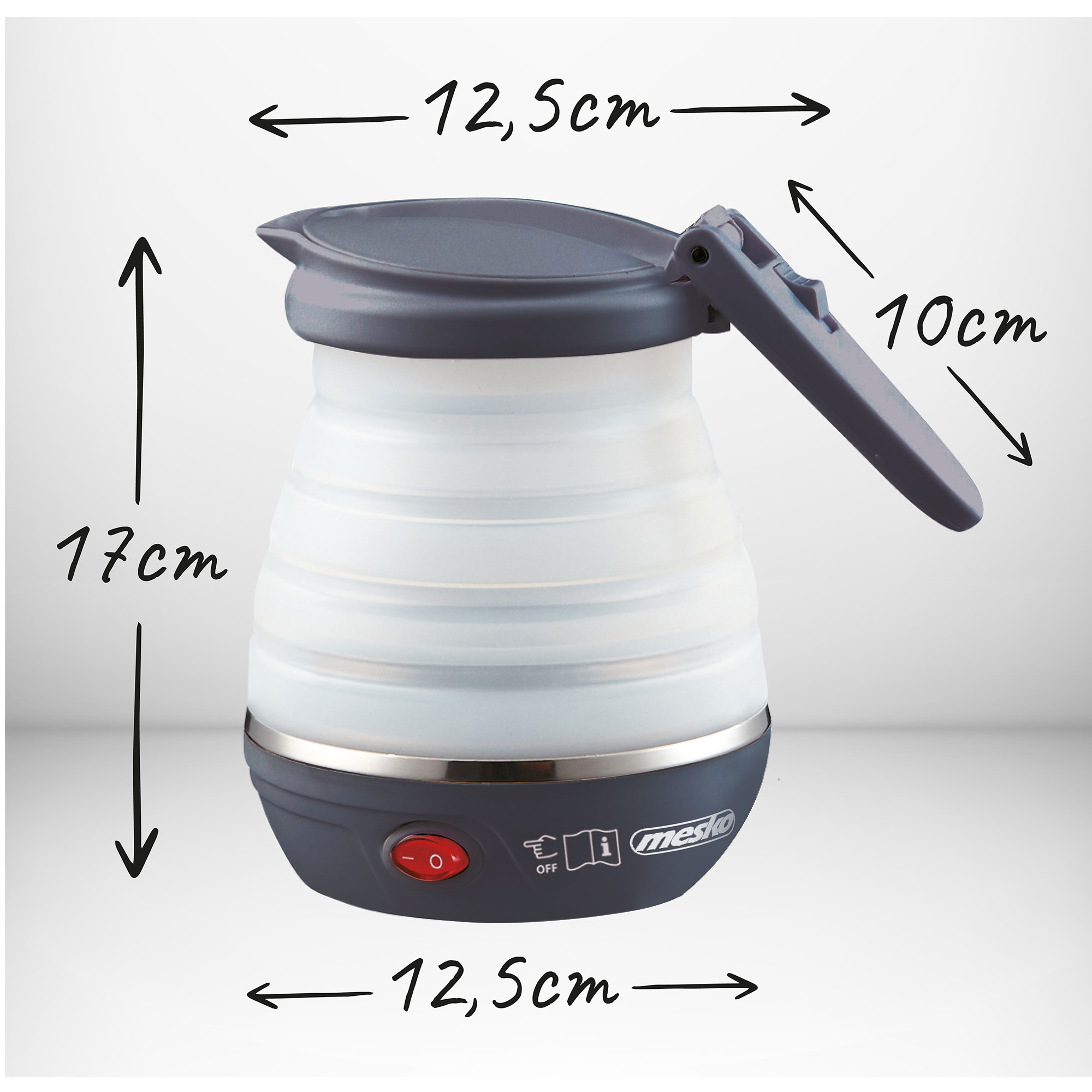 Składany czajnik elektryczny, ciemnoszary i biały. Wymiary: 17cm, 10cm, 12,5cm.