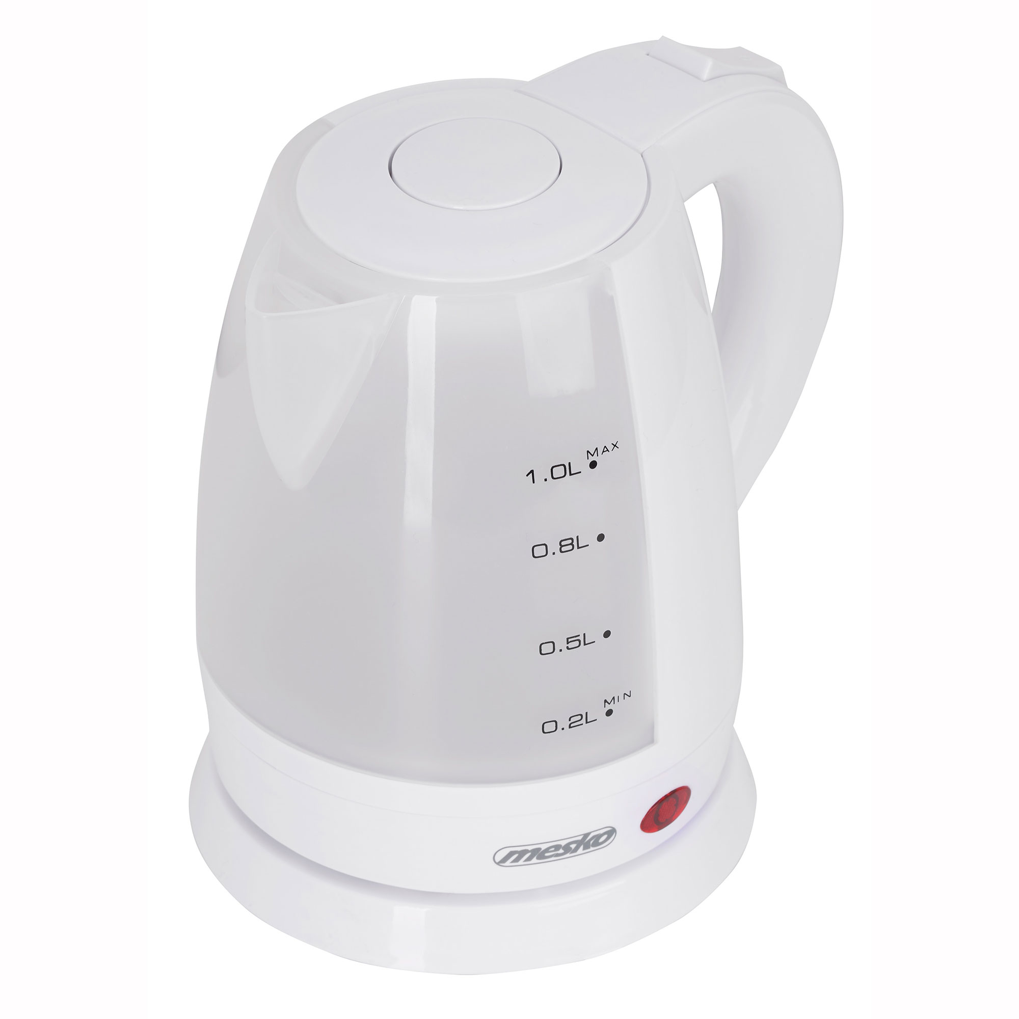 Hervidor eléctrico blanco con indicadores de nivel de agua y botón rojo.
