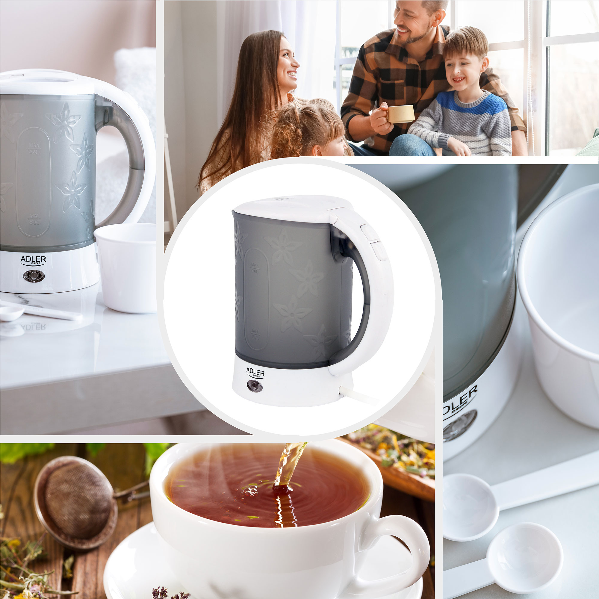 Kolaż: Czajnik, rodzina, filiżanka herbaty i łyżki miarowe. Czajnik jest biały z kwiatowymi detalami.