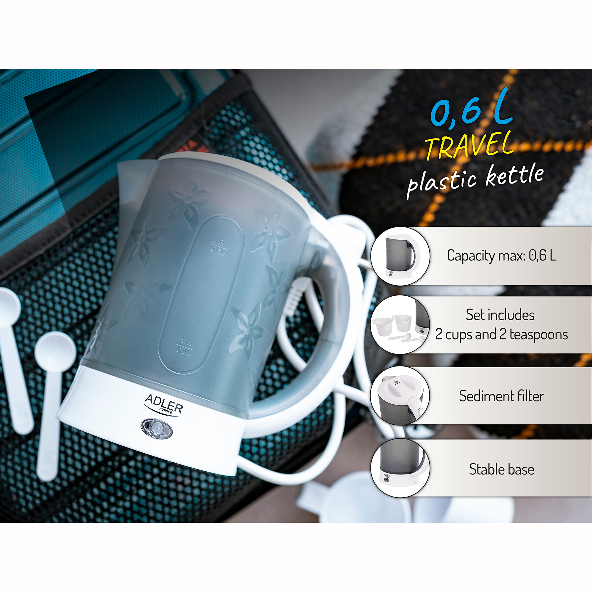 Szary czajnik podróżny z białymi detalami i schematem produktu na czarnej powierzchni.