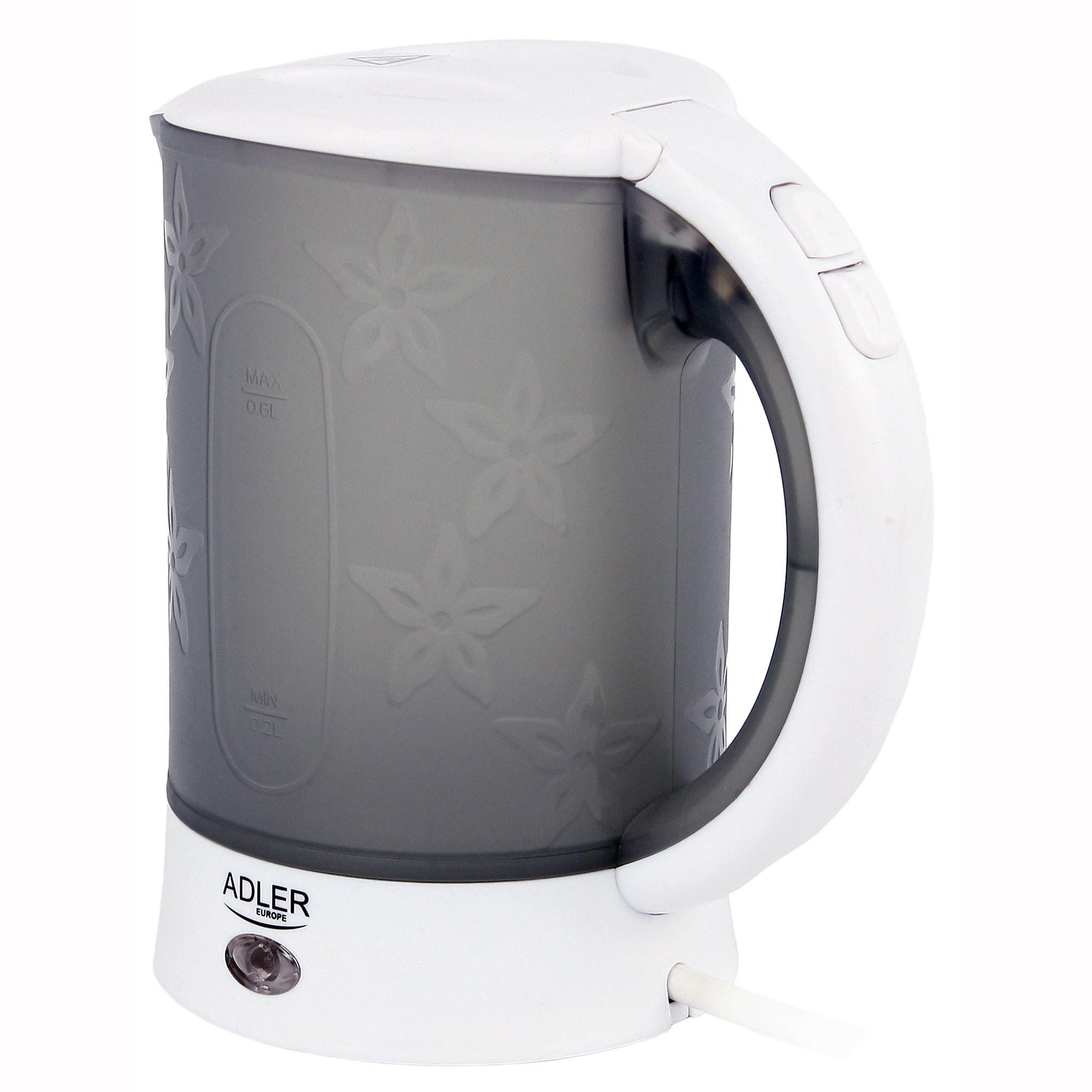 Biało-szary czajnik elektryczny z kwiatowym wzorem. Ma uchwyt i wskaźnik zasilania.