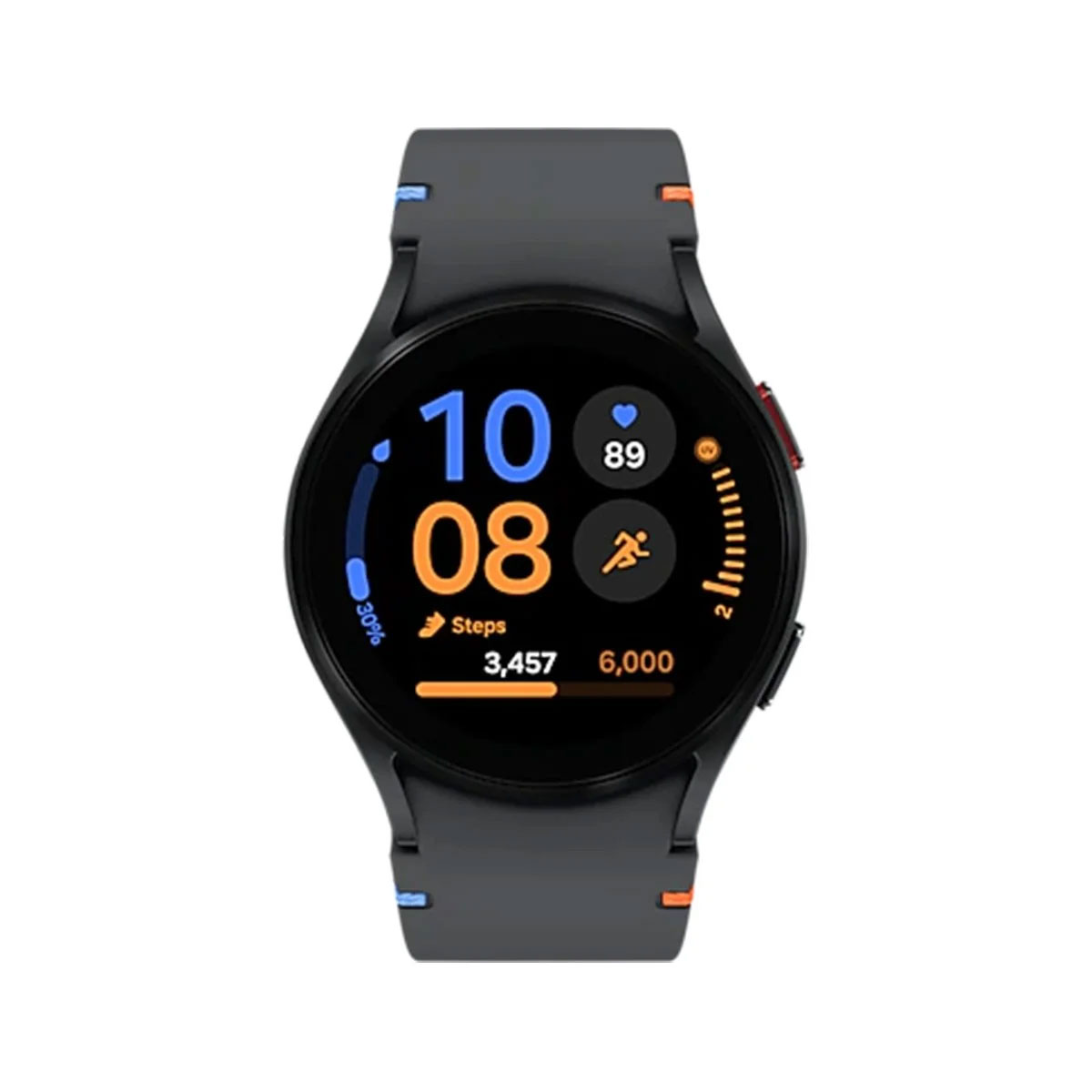 Smartwatch negra con pantalla redonda que muestra hora, pasos y frecuencia cardíaca. Correa gris con detalles naranjas.