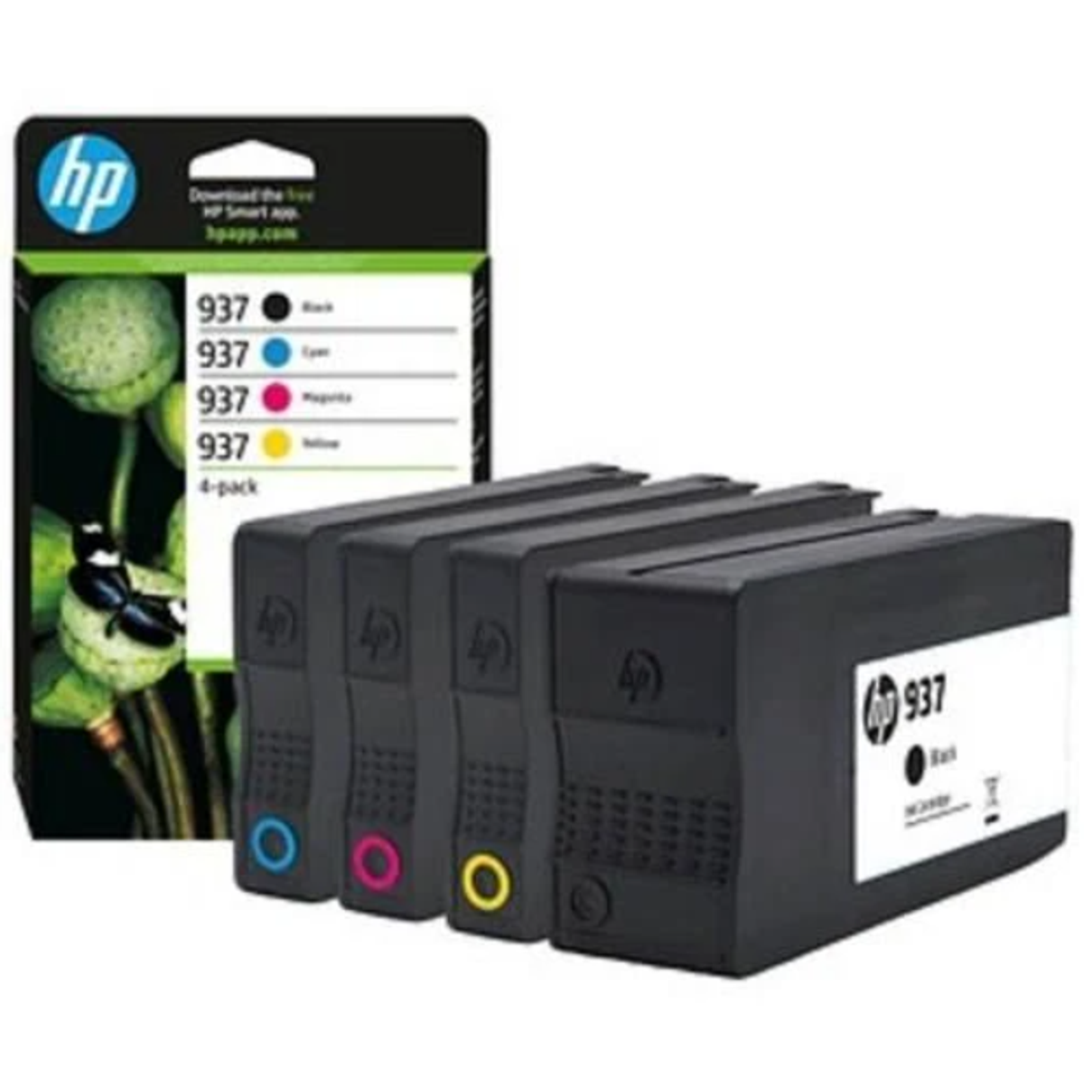 HP 937 ink cartridges in a 4-pack, black ink cartridges and the HP logo.