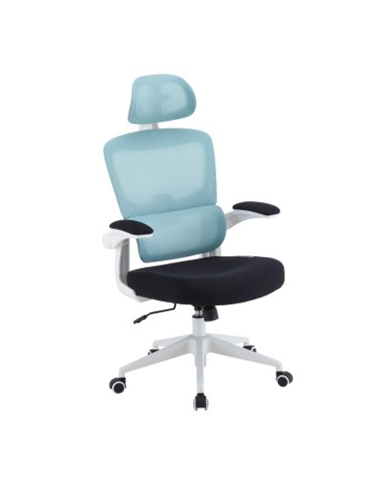 Silla de oficina ergonómica, respaldo y reposacabezas azules, asiento negro.
