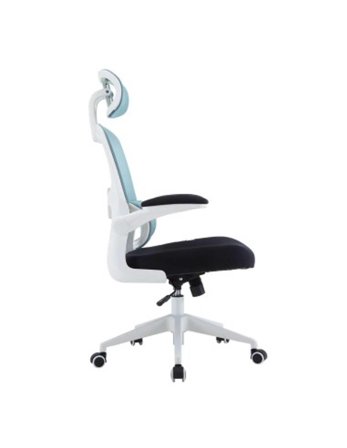 Silla de oficina ergonómica, marco blanco con reposacabezas azul y asiento negro. Vista lateral.