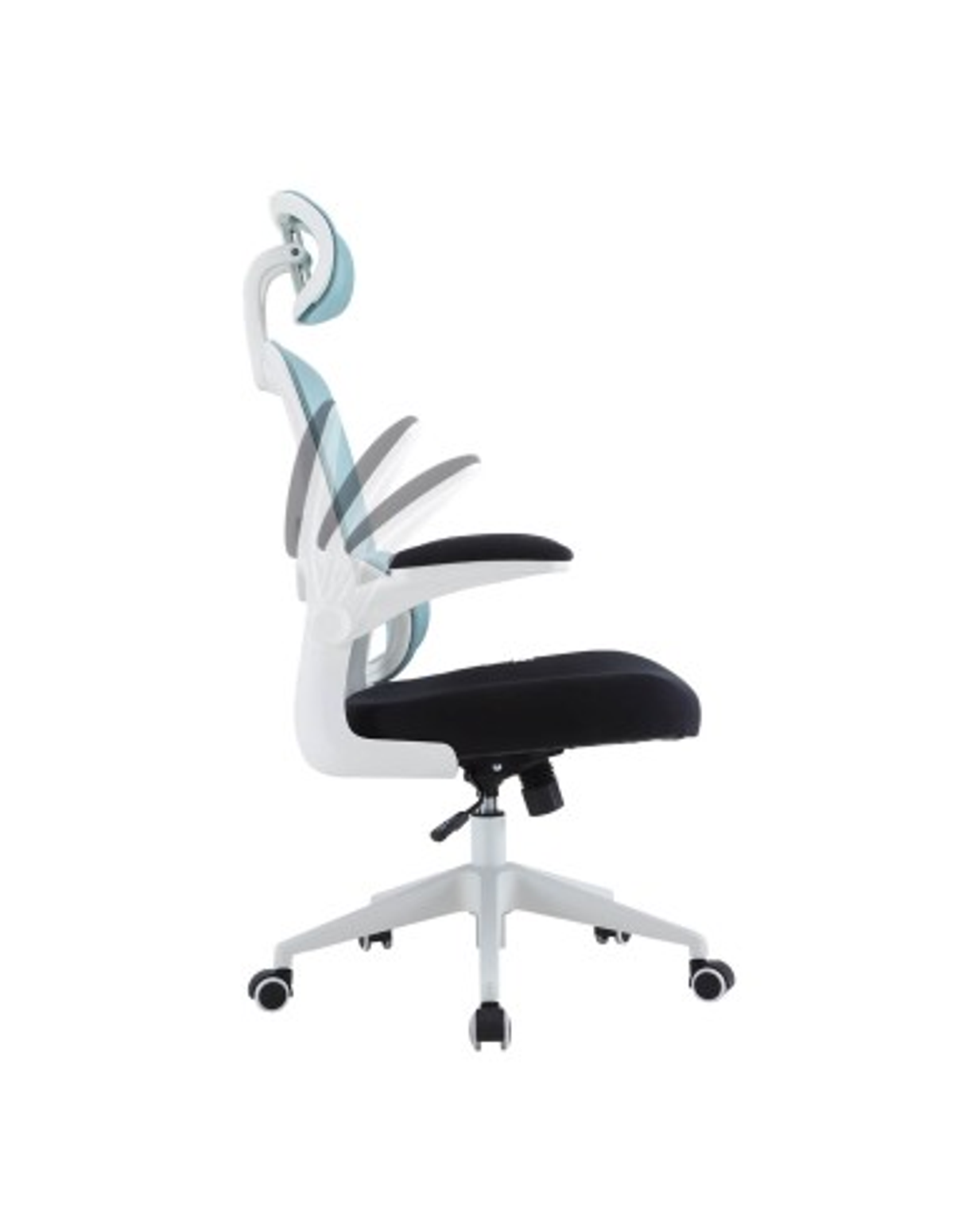 Una silla de oficina ergonómica blanca y negra con brazos ajustables y reposacabezas. Vista lateral.