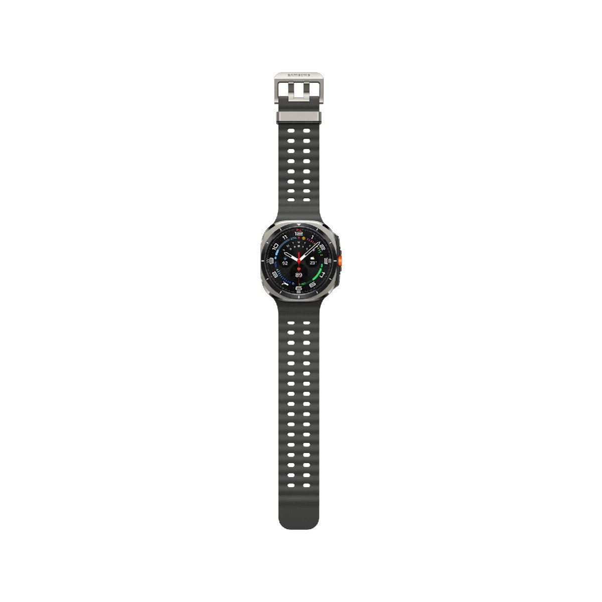 Uno smartwatch nero con display circolare e cinturino nero con fori.