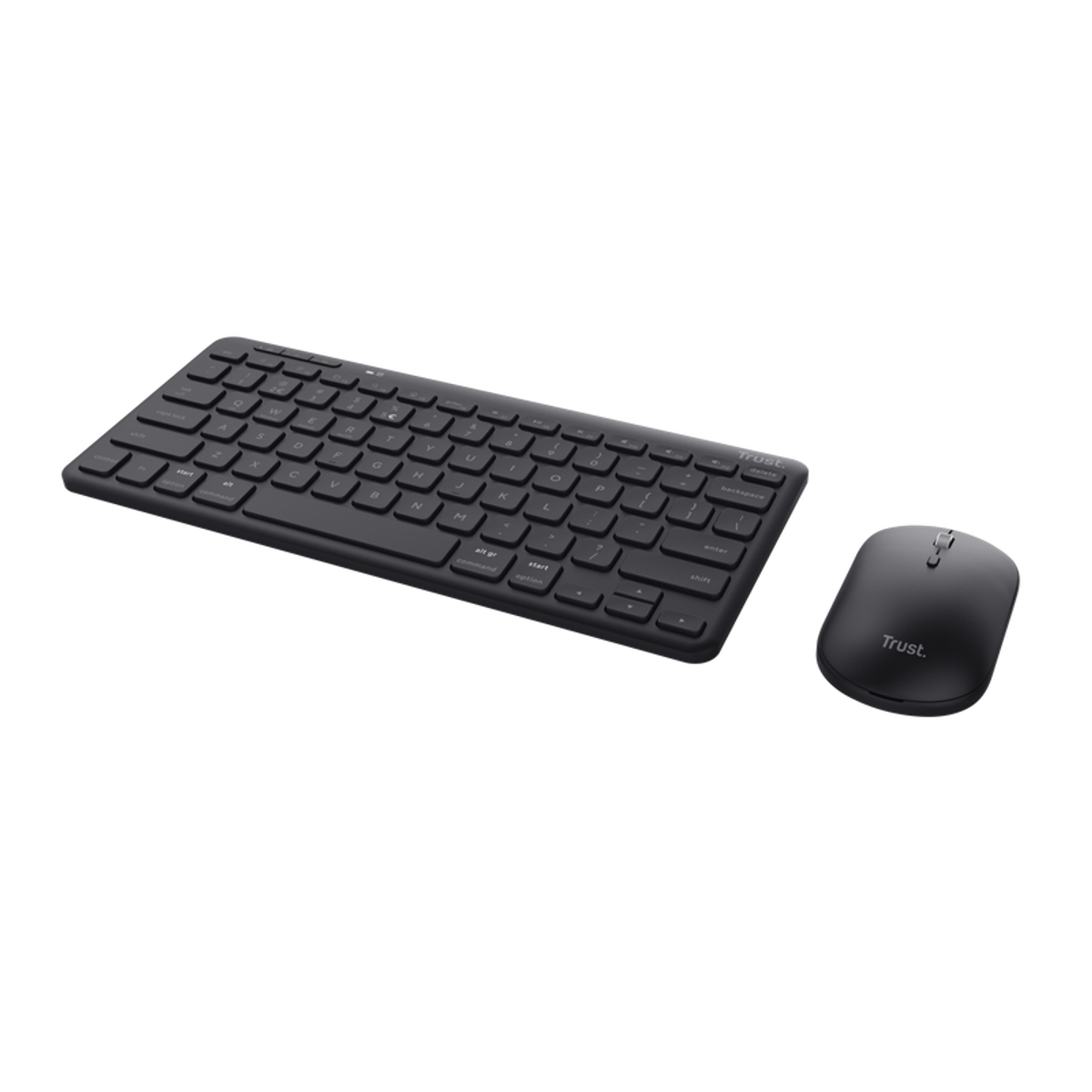 Czarny bezprzewodowy zestaw klawiatury i myszy. Są ustawione na czarnej powierzchni.